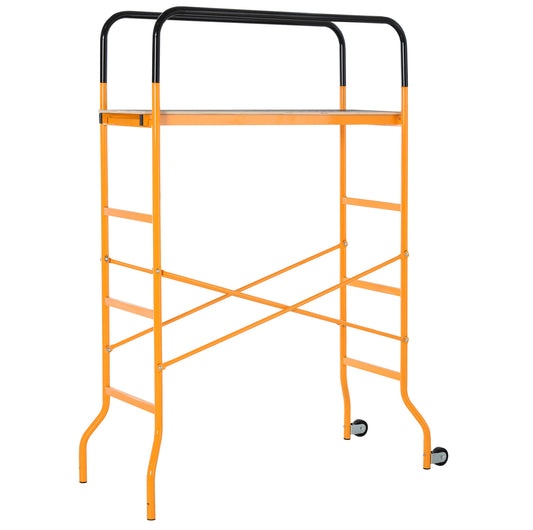 Orange metal rolling scaffold with black handlebars and wooden platform