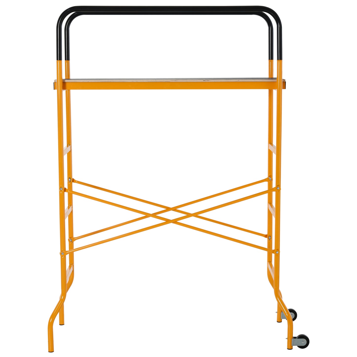 Orange metal rolling scaffold with black top rails and wooden platform for construction jobs