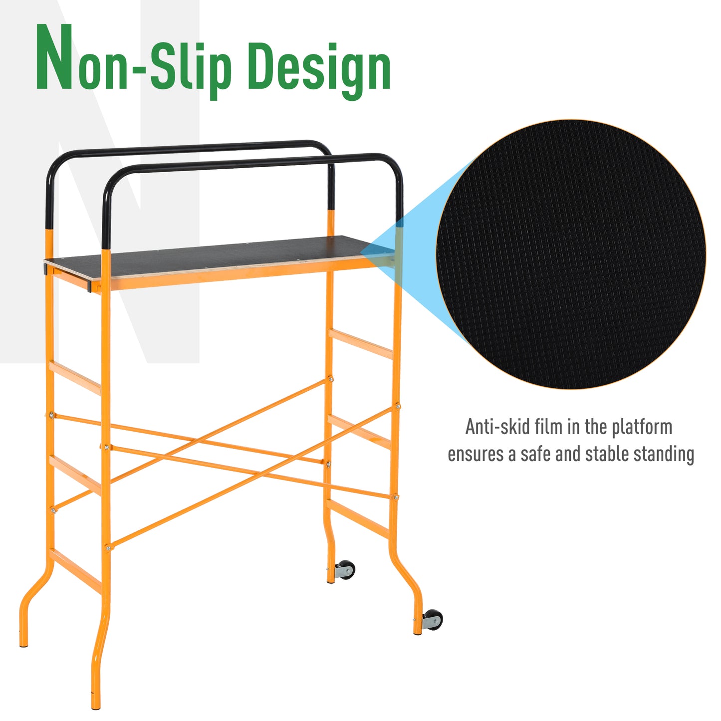 Orange steel mobile scaffold with nonslip platform