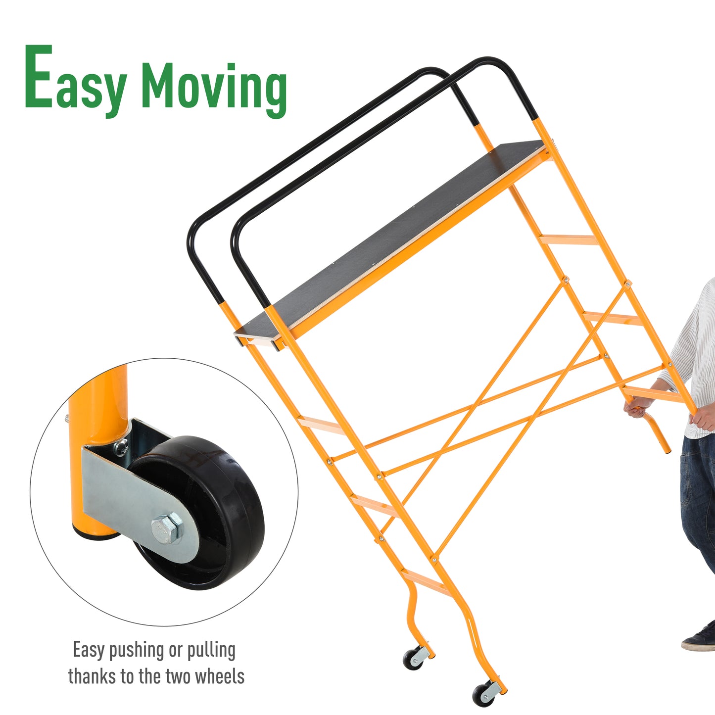Orange metal rolling scaffold with black handle and black platform for easy mobility