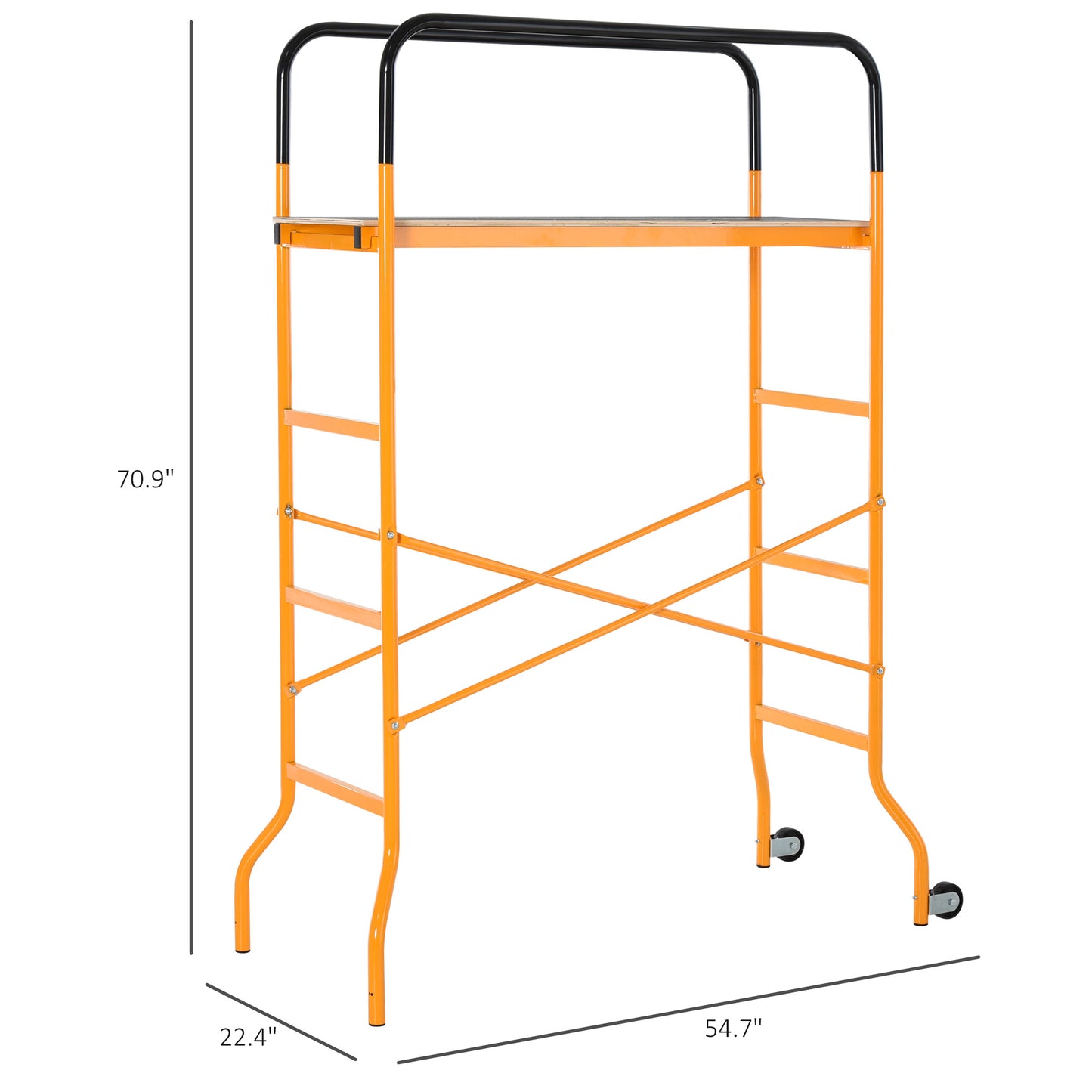 Orange metal scaffolding tower with black safety rails and wheeled base