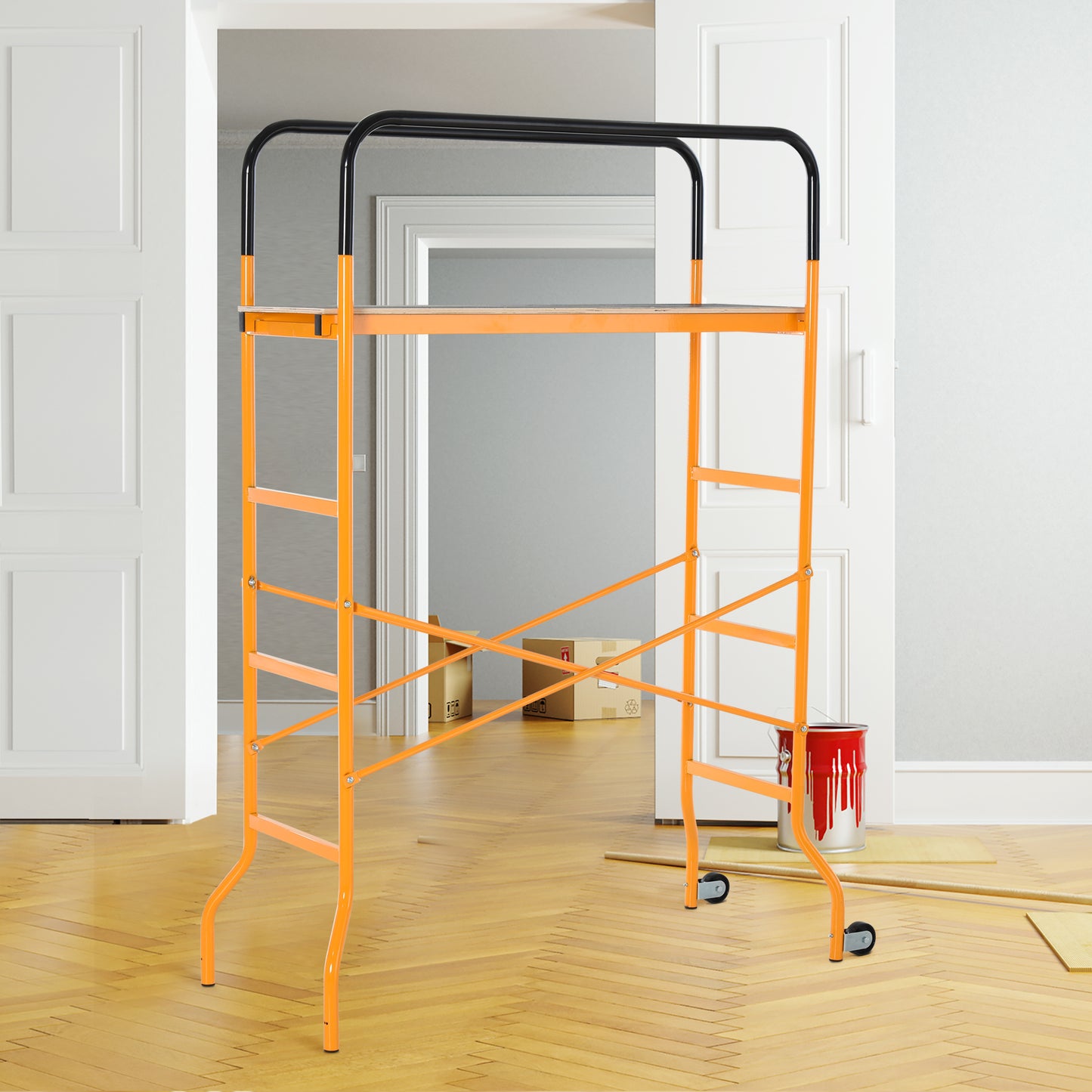Orange metal scaffolding with black handlebars and wheels ideal for home renovations