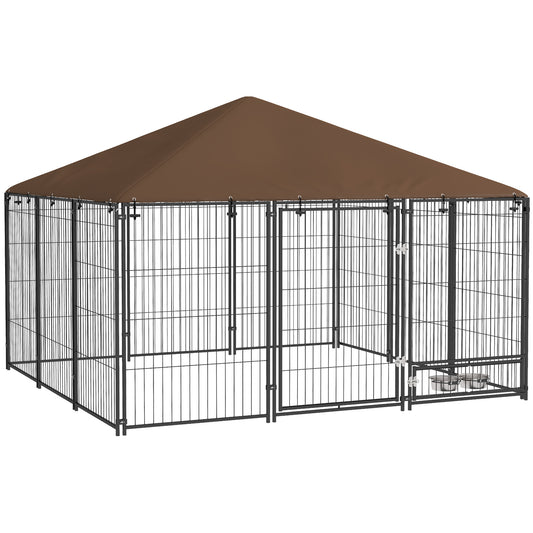 Spacious black metal outdoor dog kennel with a brown waterproof canopy and two steel bowls