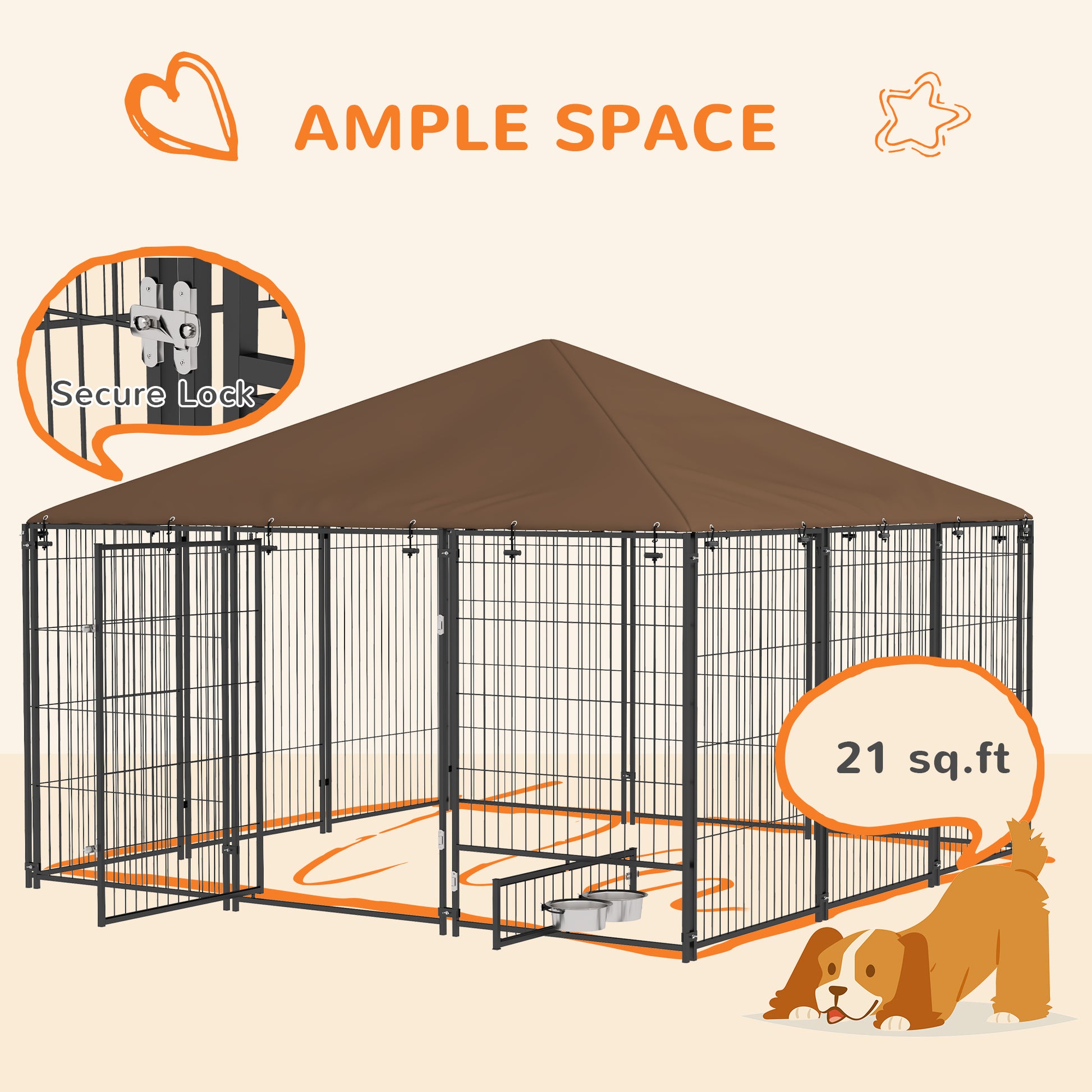 Spacious hexagonal outdoor dog kennel with secure lock and brown canopy for ample space