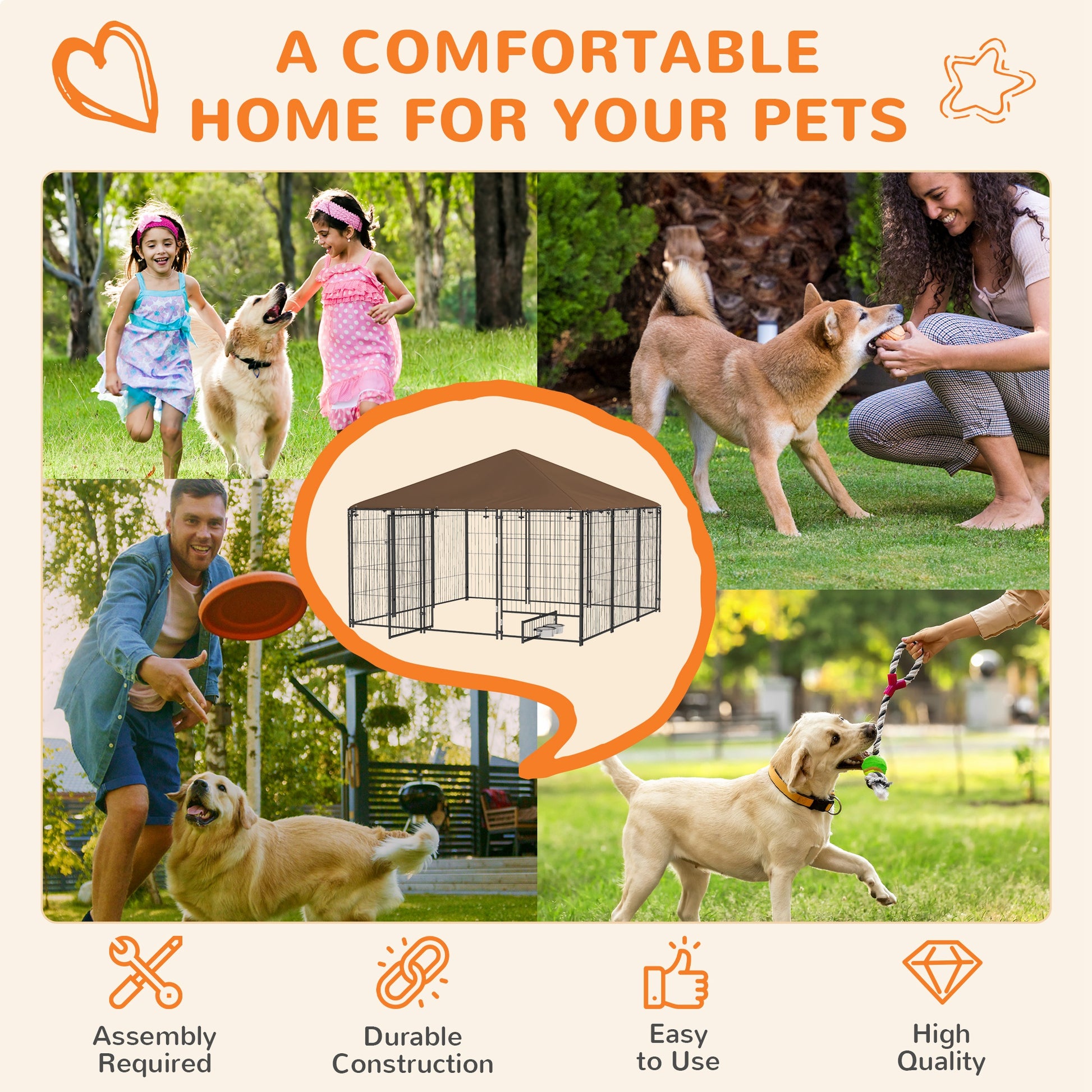 Brown metal dog kennel with brown canopy roof suitable for outdoor use