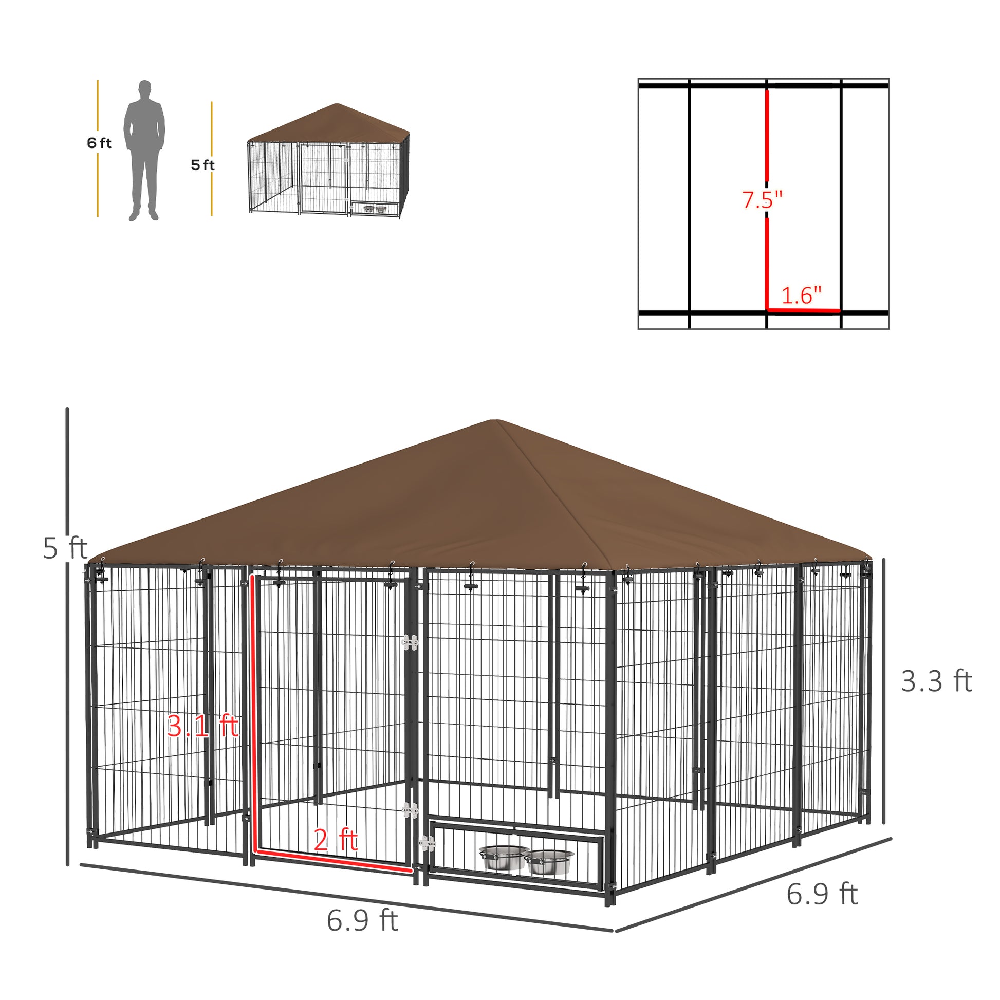 Large outdoor dog kennel with brown waterproof canopy and dual access gates  ft x  ft dimensions