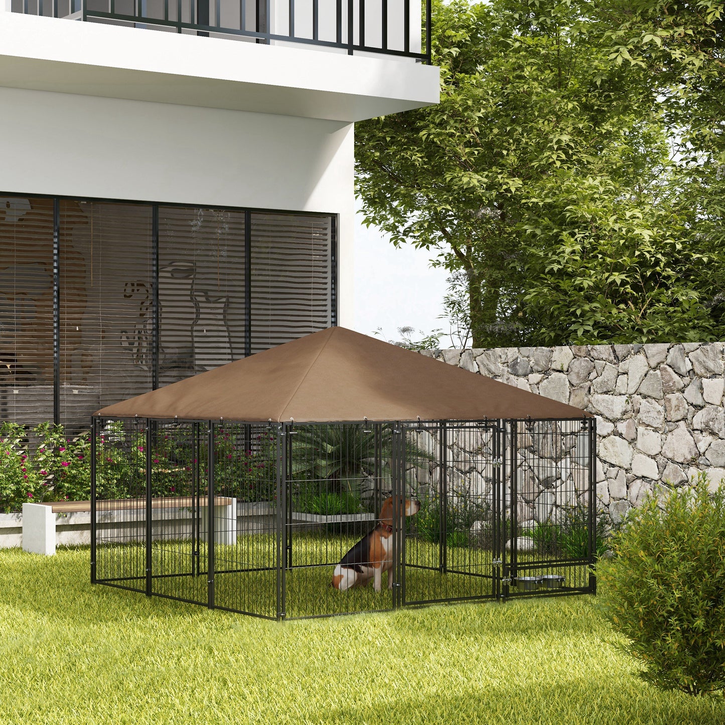 Spacious black metal dog kennel with brown waterproof canopy perfect for outdoor pet containment