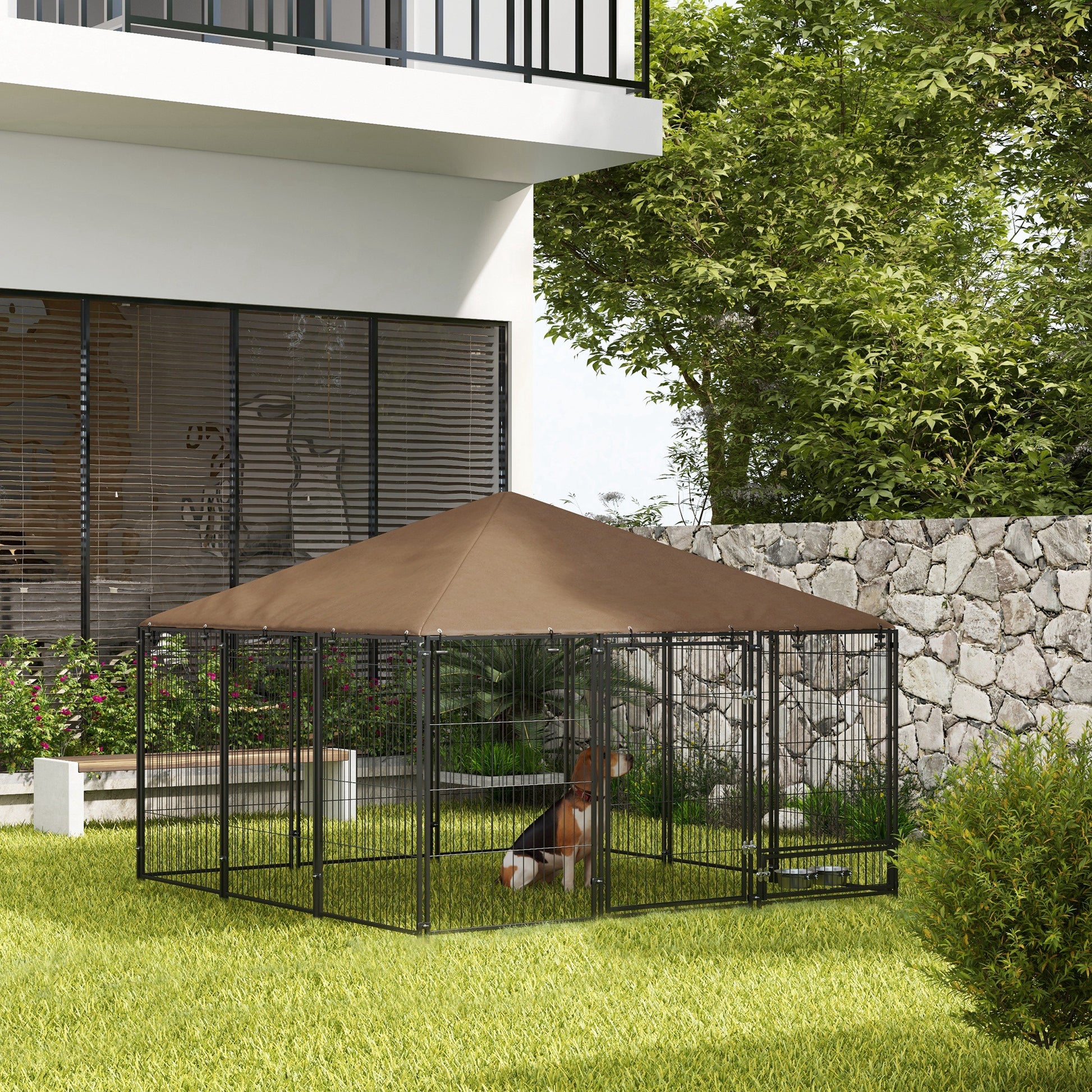Spacious black metal dog kennel with brown waterproof canopy perfect for outdoor pet containment