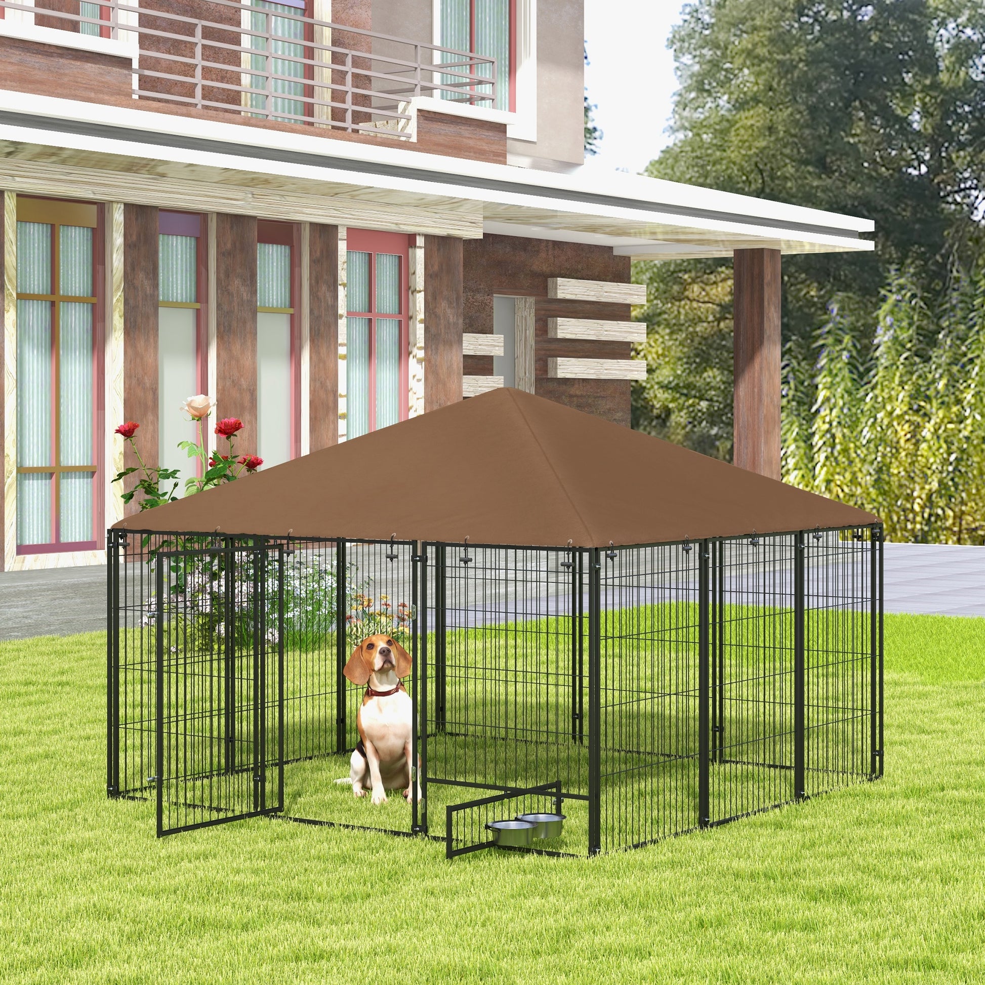 Spacious outdoor dog kennel with a brown canopy provides a secure play area for your pet