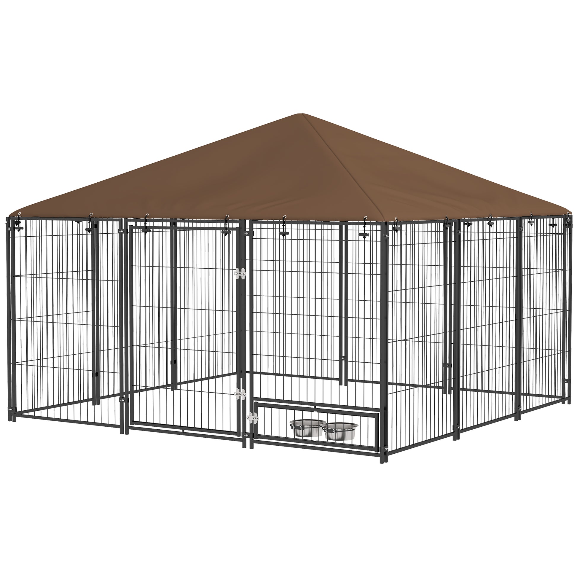 Large black metal dog kennel with brown canopy roof spacious and secure