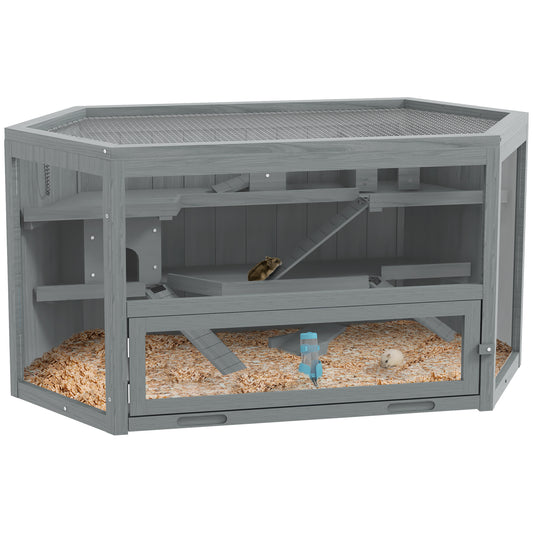 Gray wooden multilevel hamster cage with wire top and two small rodents inside