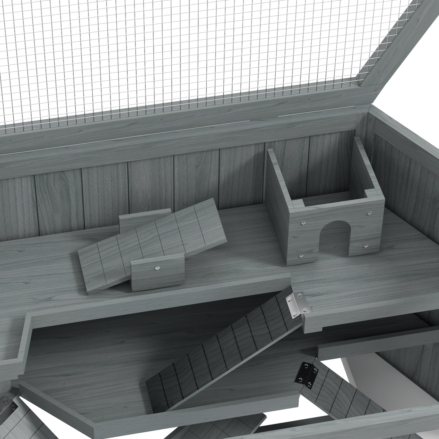 Gray wooden multilevel pet habitat with ramps and hideaway