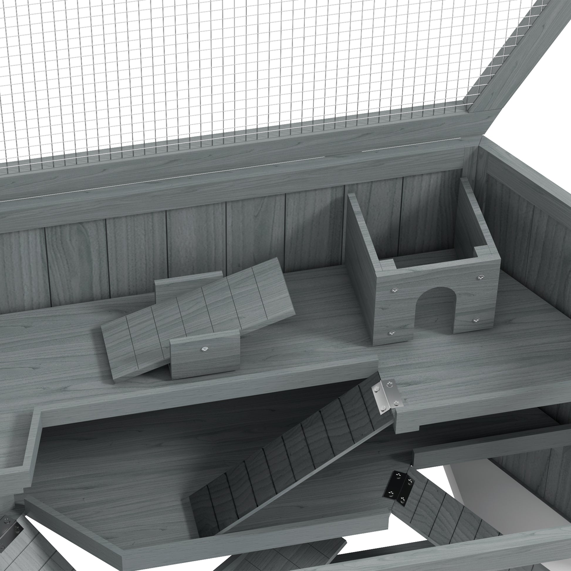 Gray wooden multilevel pet habitat with ramps and hideaway