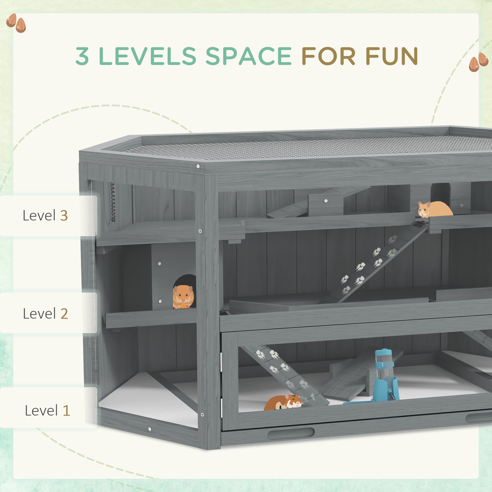 Threetier gray wooden hamster cage with ramps and small pets