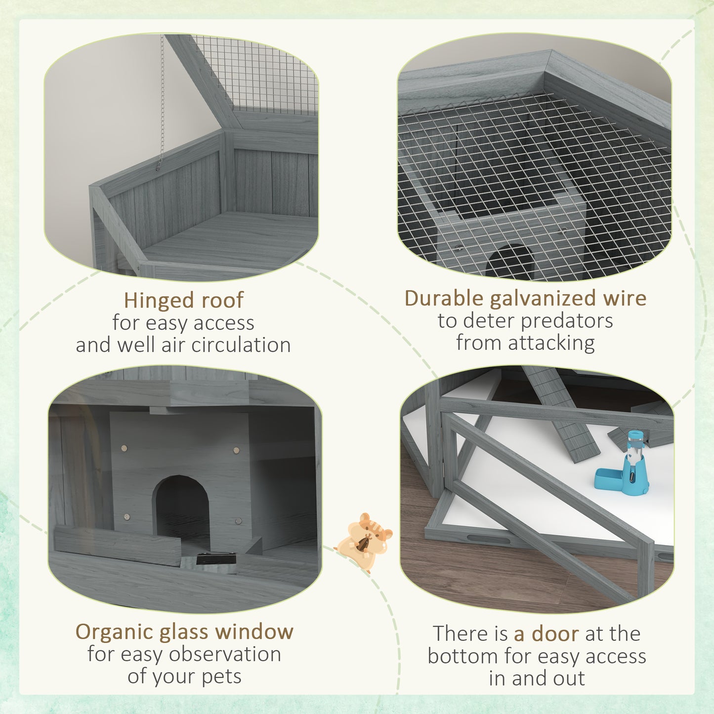 Wooden hamster cage with hinged roof for easy access and ventilation
