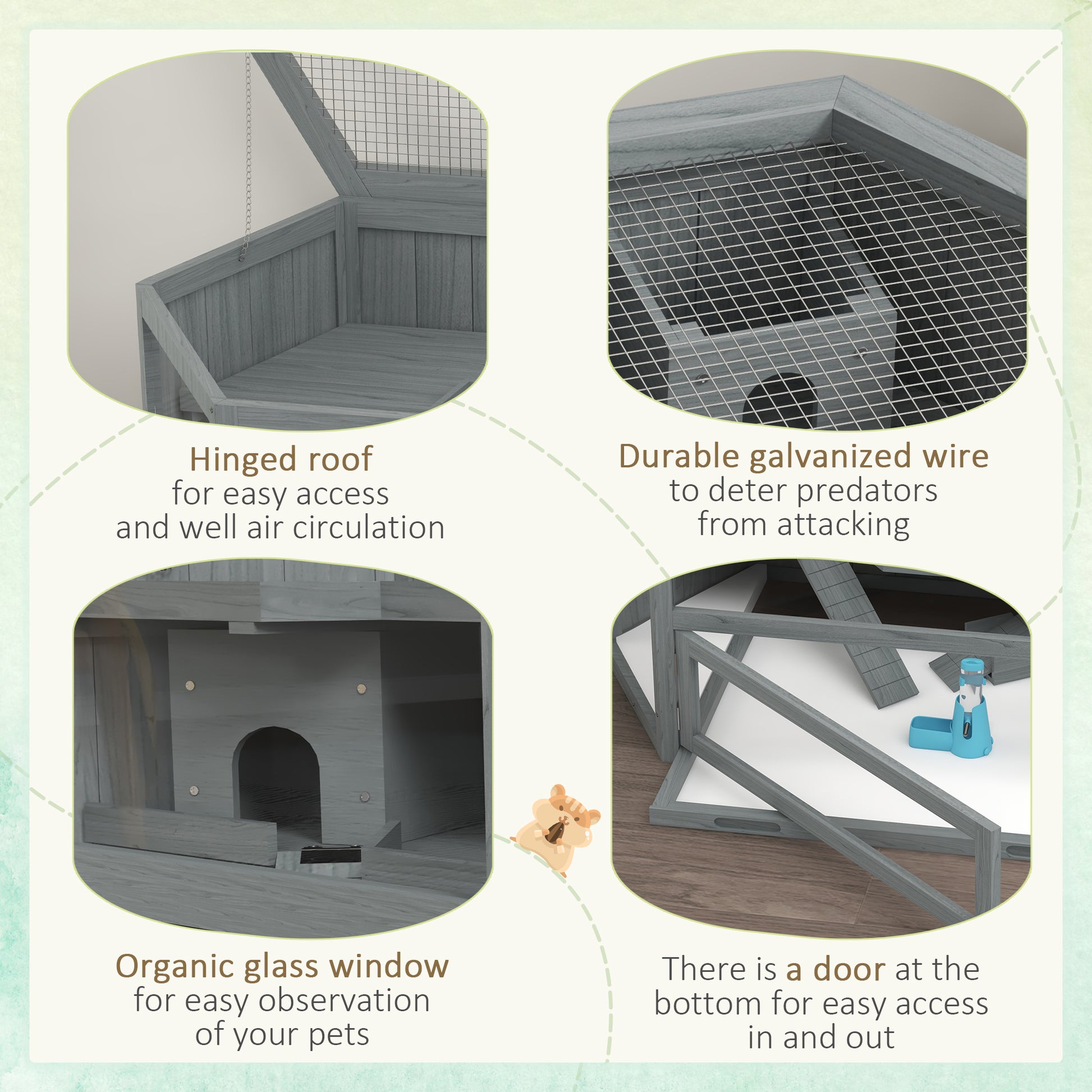 Wooden hamster cage with hinged roof for easy access and ventilation