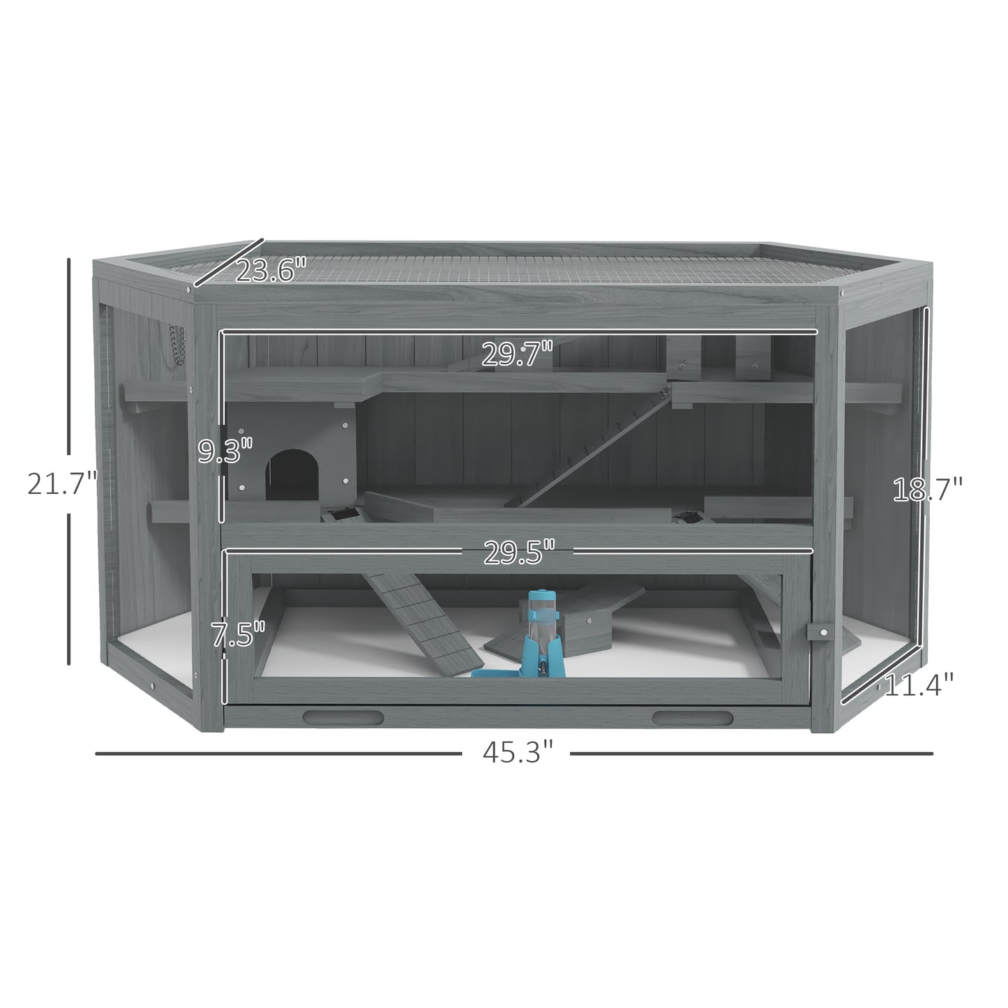 Gray wooden small animal habitat with multiple levels ramps and a water bottle