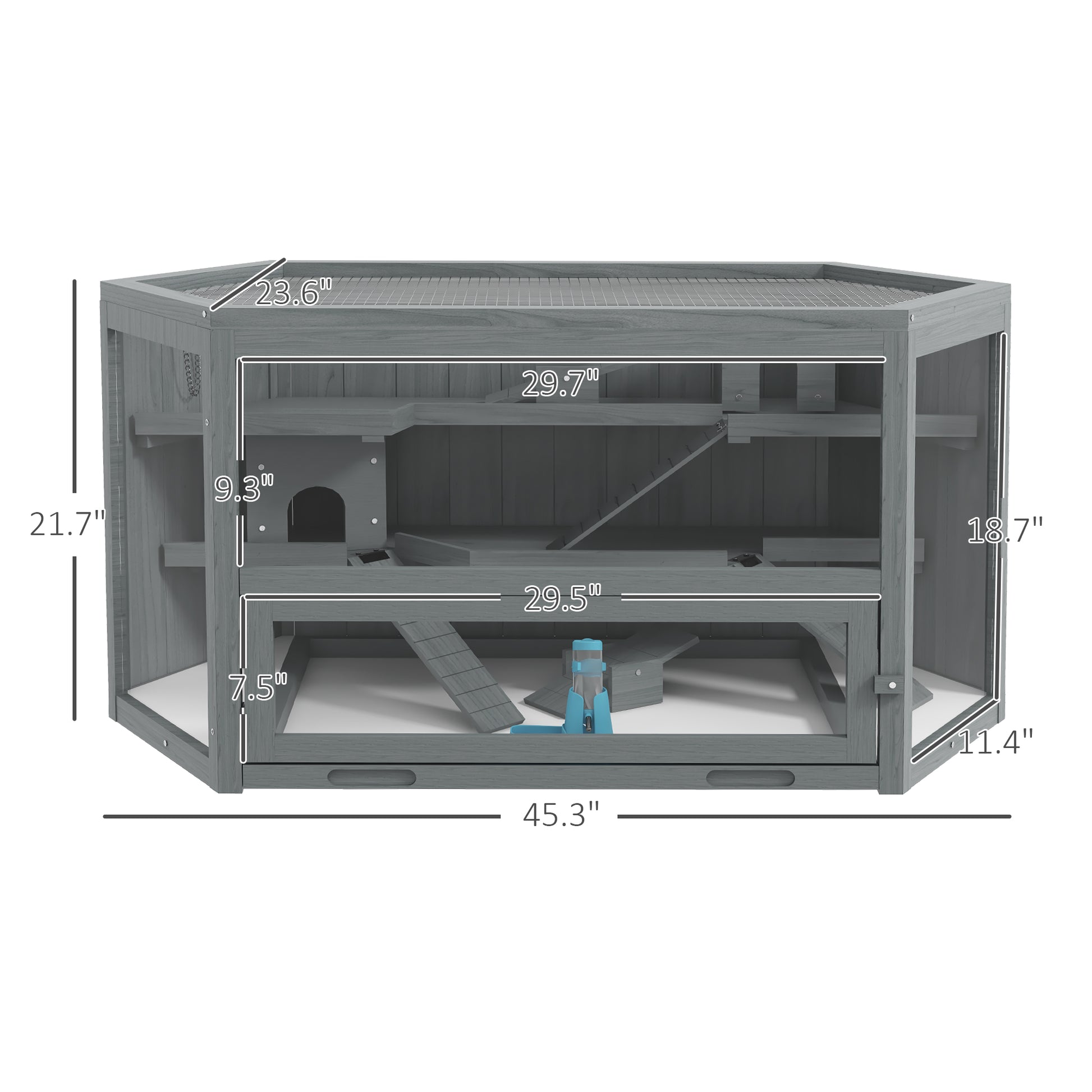 Gray wooden small animal habitat with multiple levels ramps and a water bottle