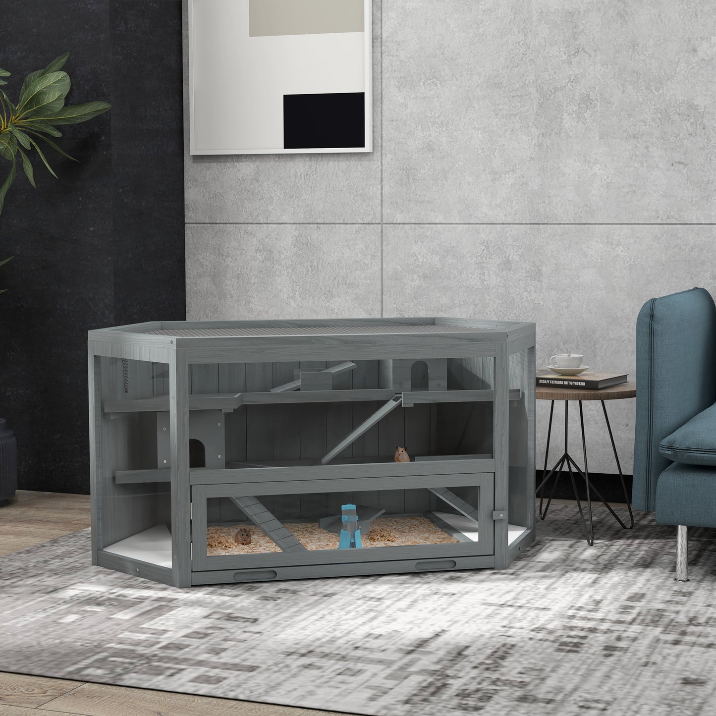 Twotiered grey wooden hamster cage with ramps and bedding