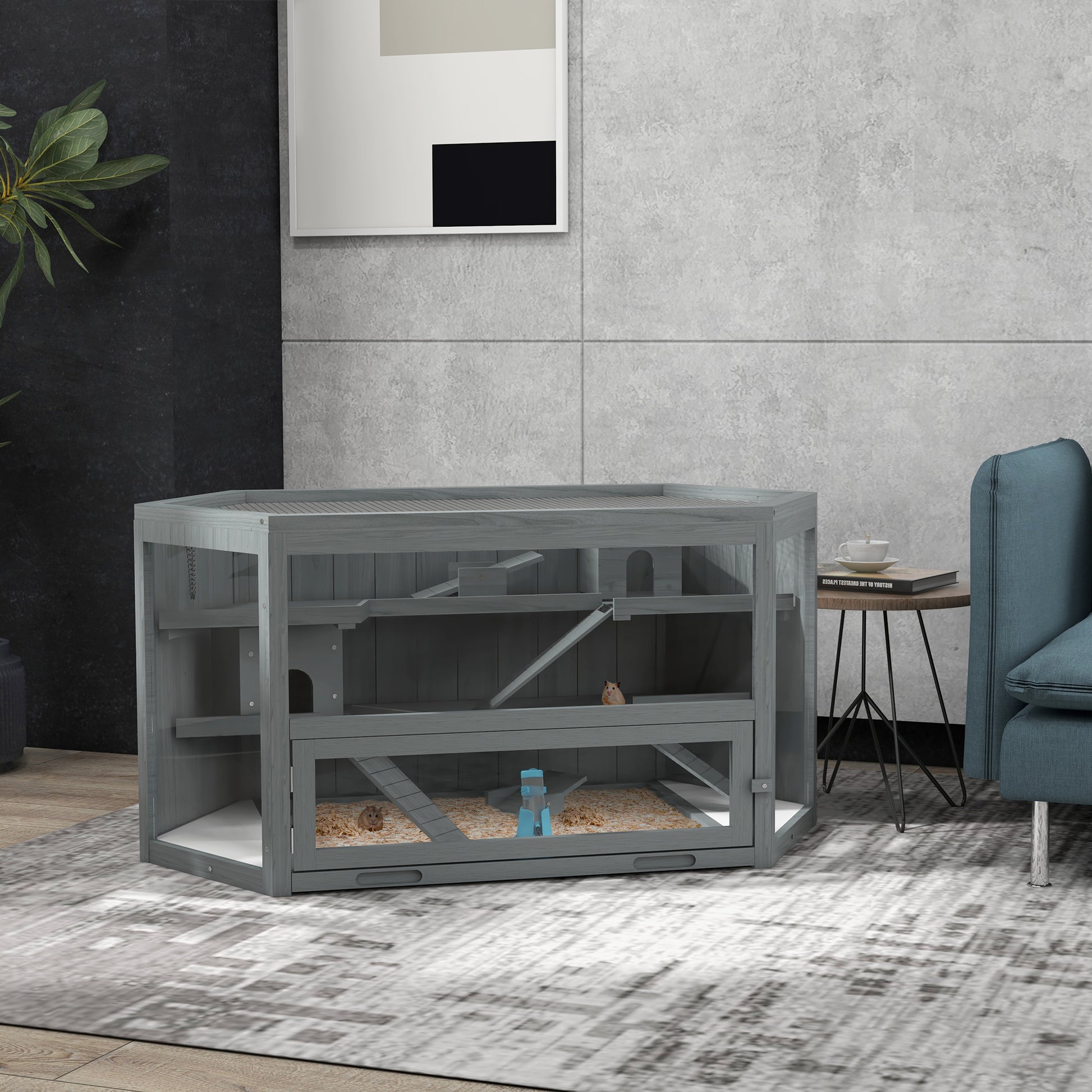 Twotiered grey wooden hamster cage with ramps and bedding