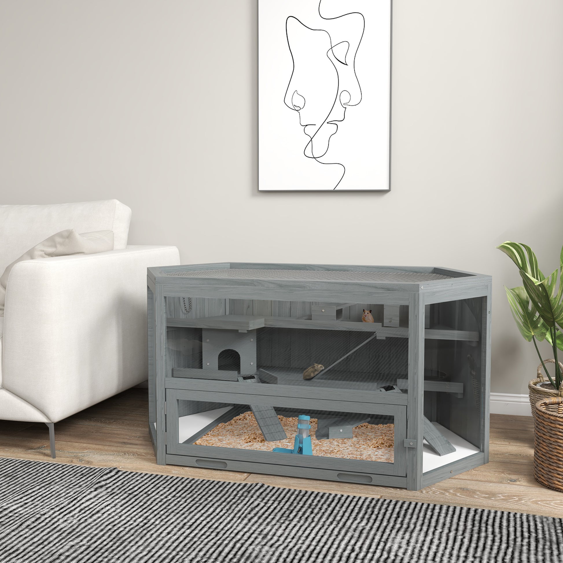 Spacious grey wooden hamster cage with multiple levels and ramps for activity
