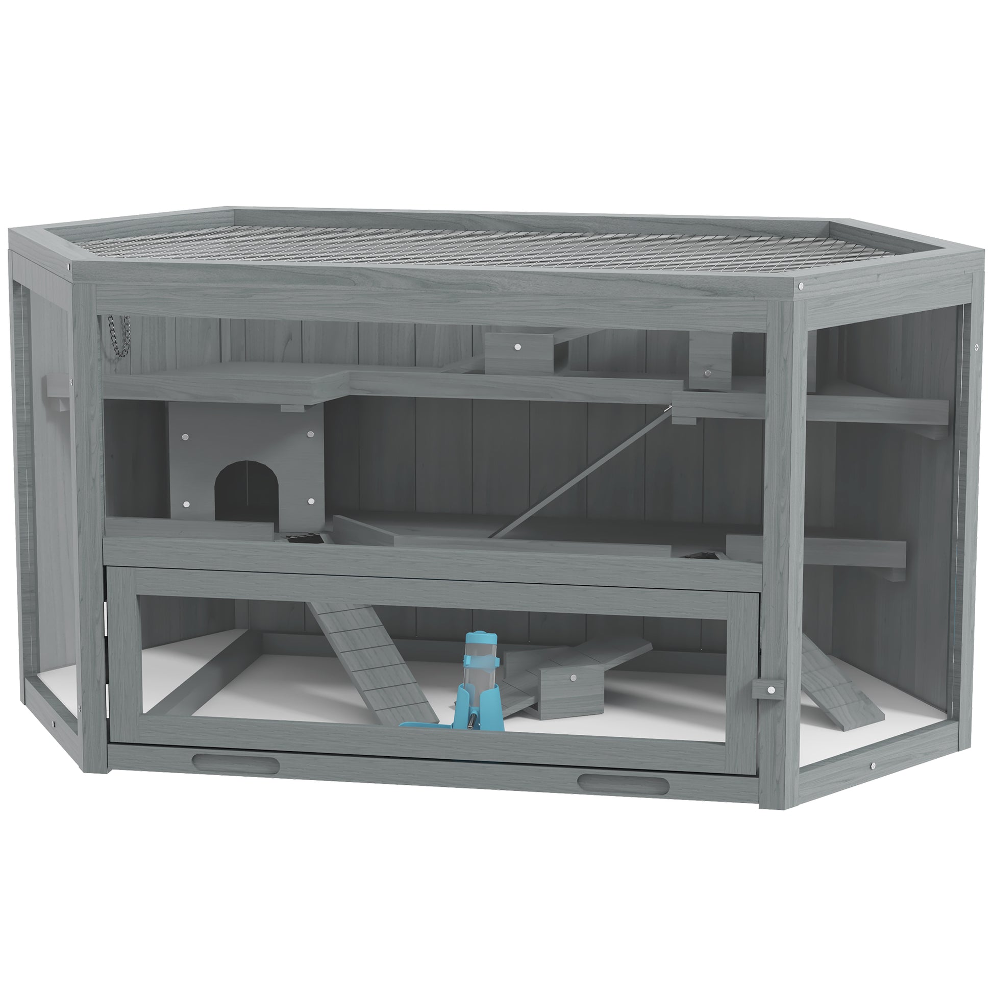 Gray wooden hamster cage with multiple levels and ramps