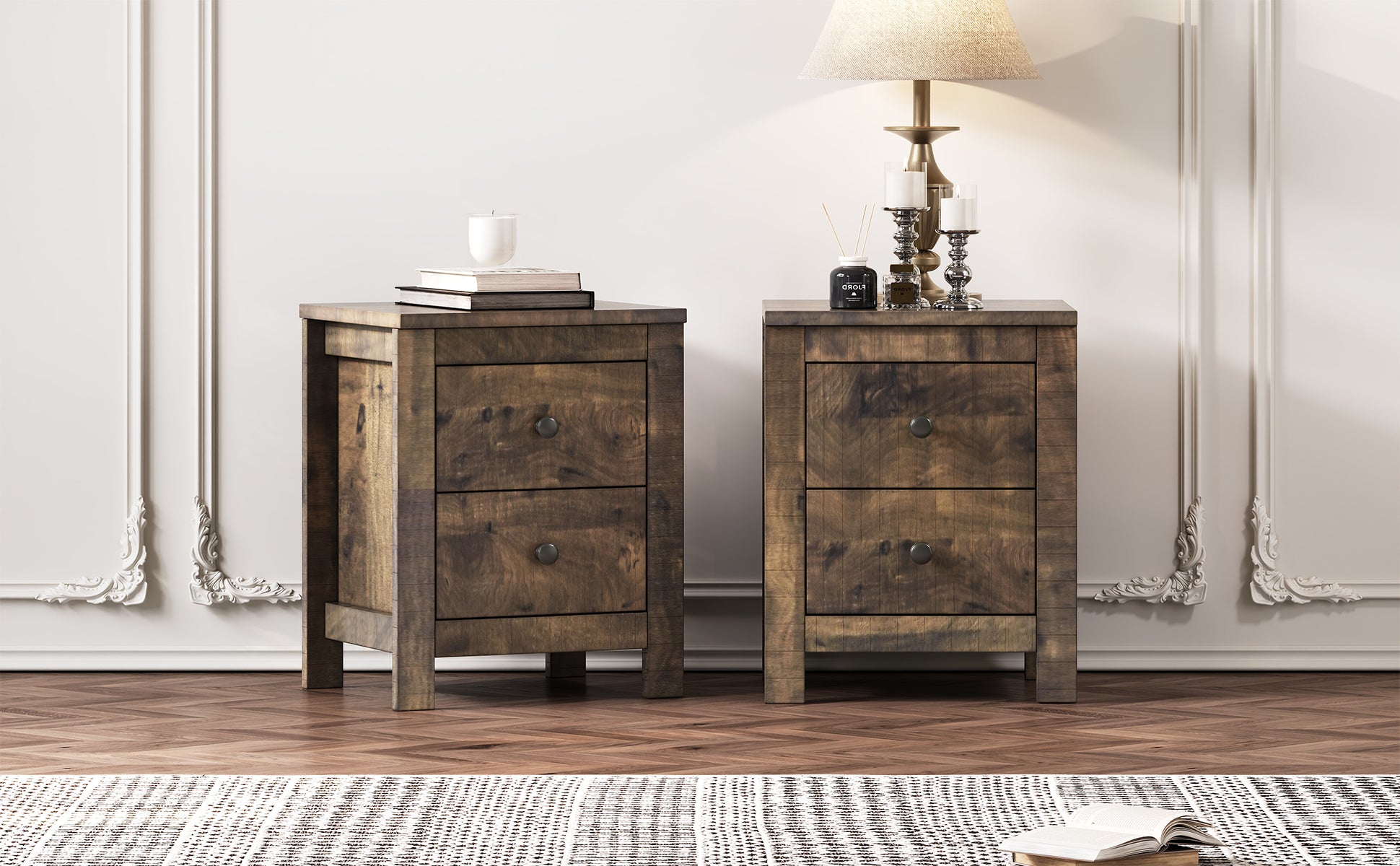 Rustic wood twodrawer nightstand with dark metal pulls