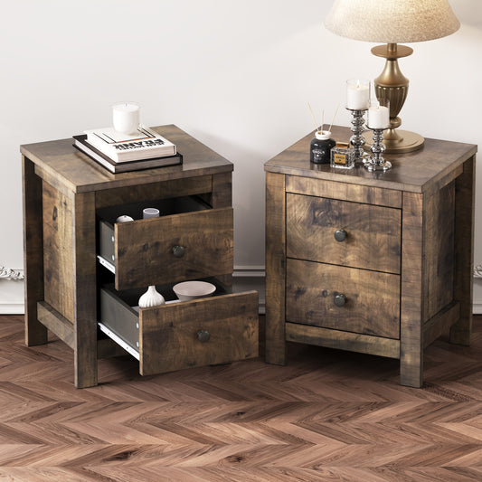 Rustic wooden nightstand with two drawers ideal for bedroom storage