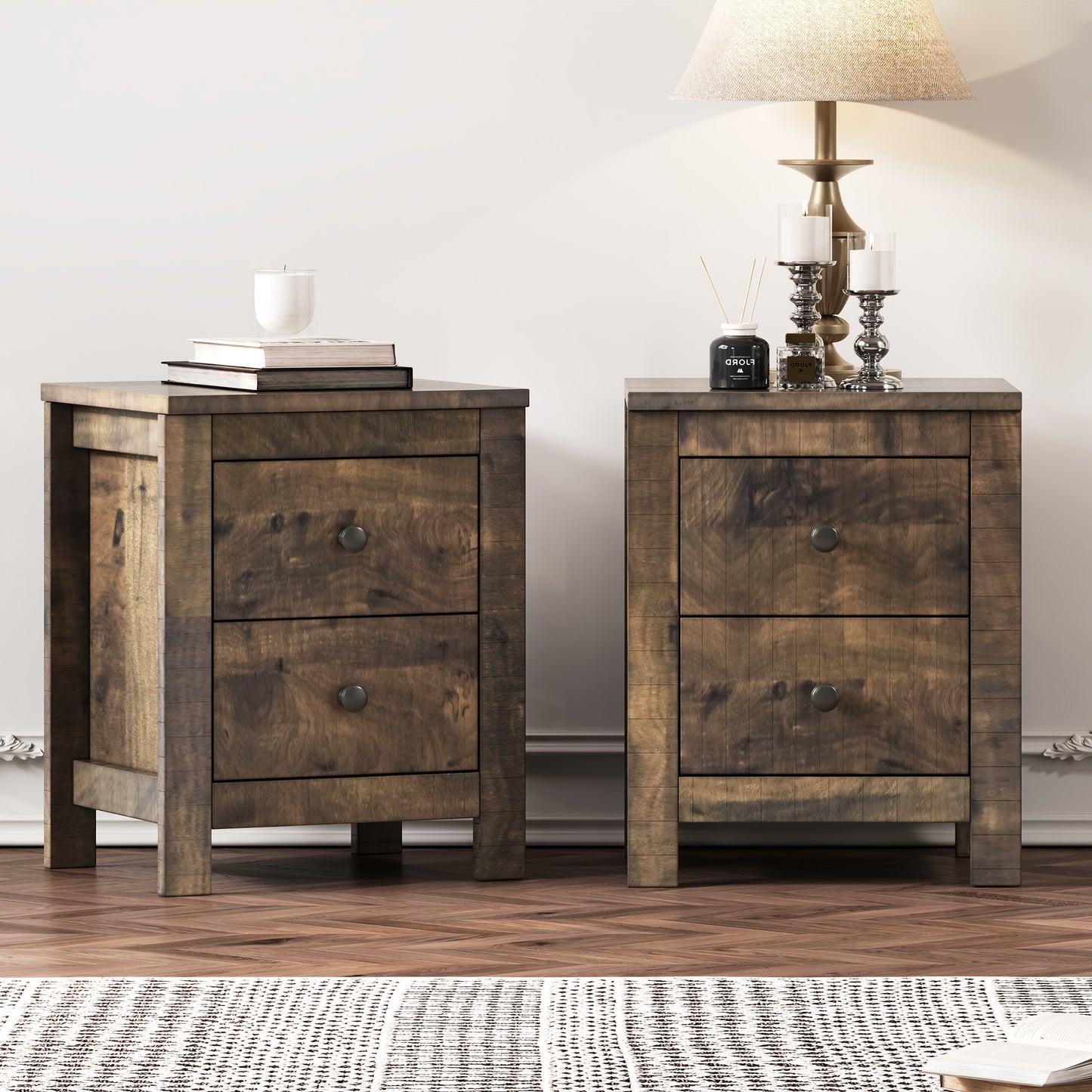 Rustic brown wood bedside table with two drawers