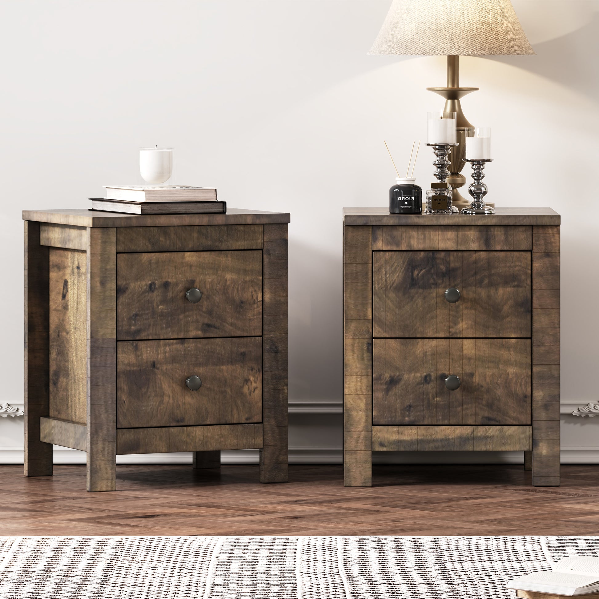 Rustic brown wood bedside table with two drawers
