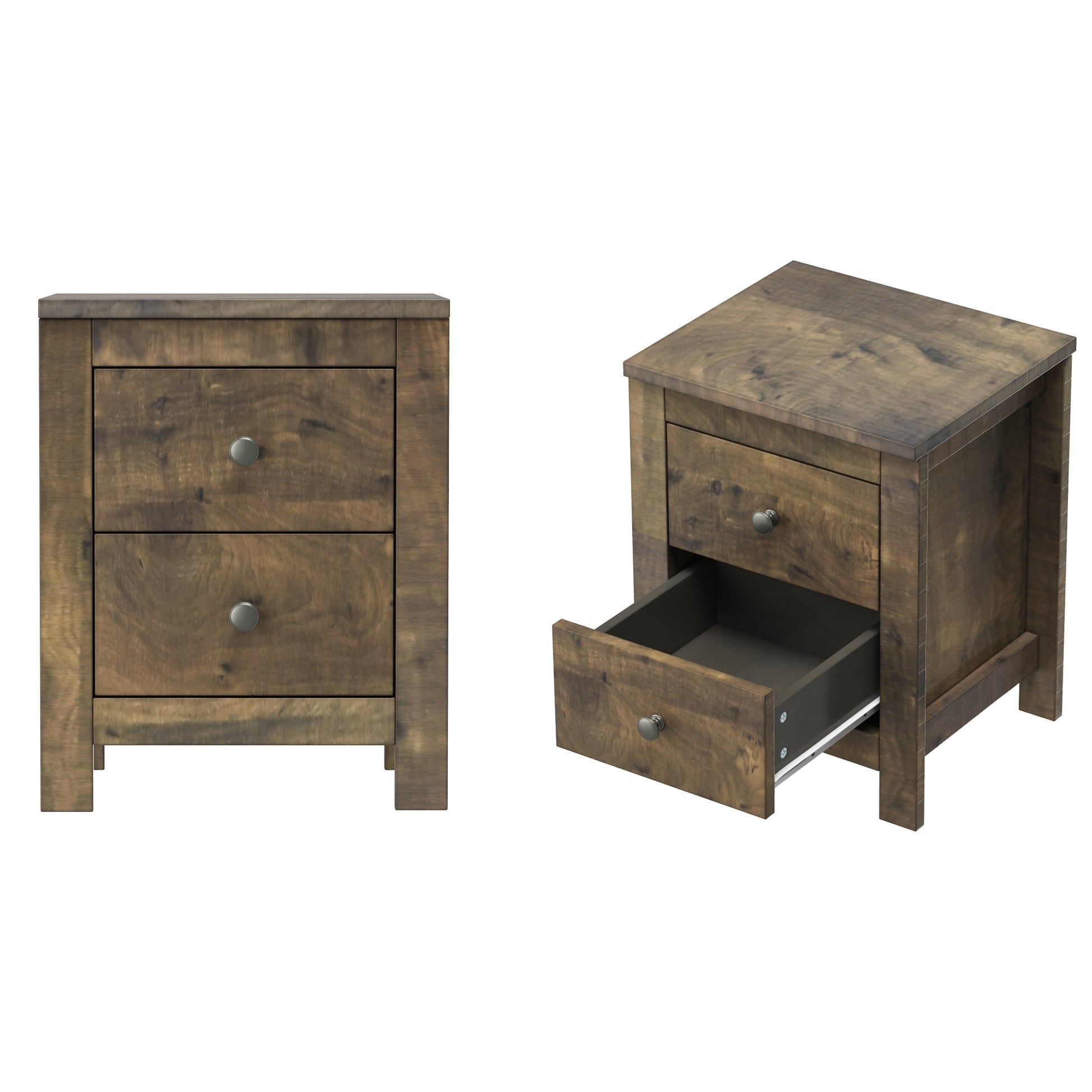Rustic wood nightstand with two drawers and metal knobs