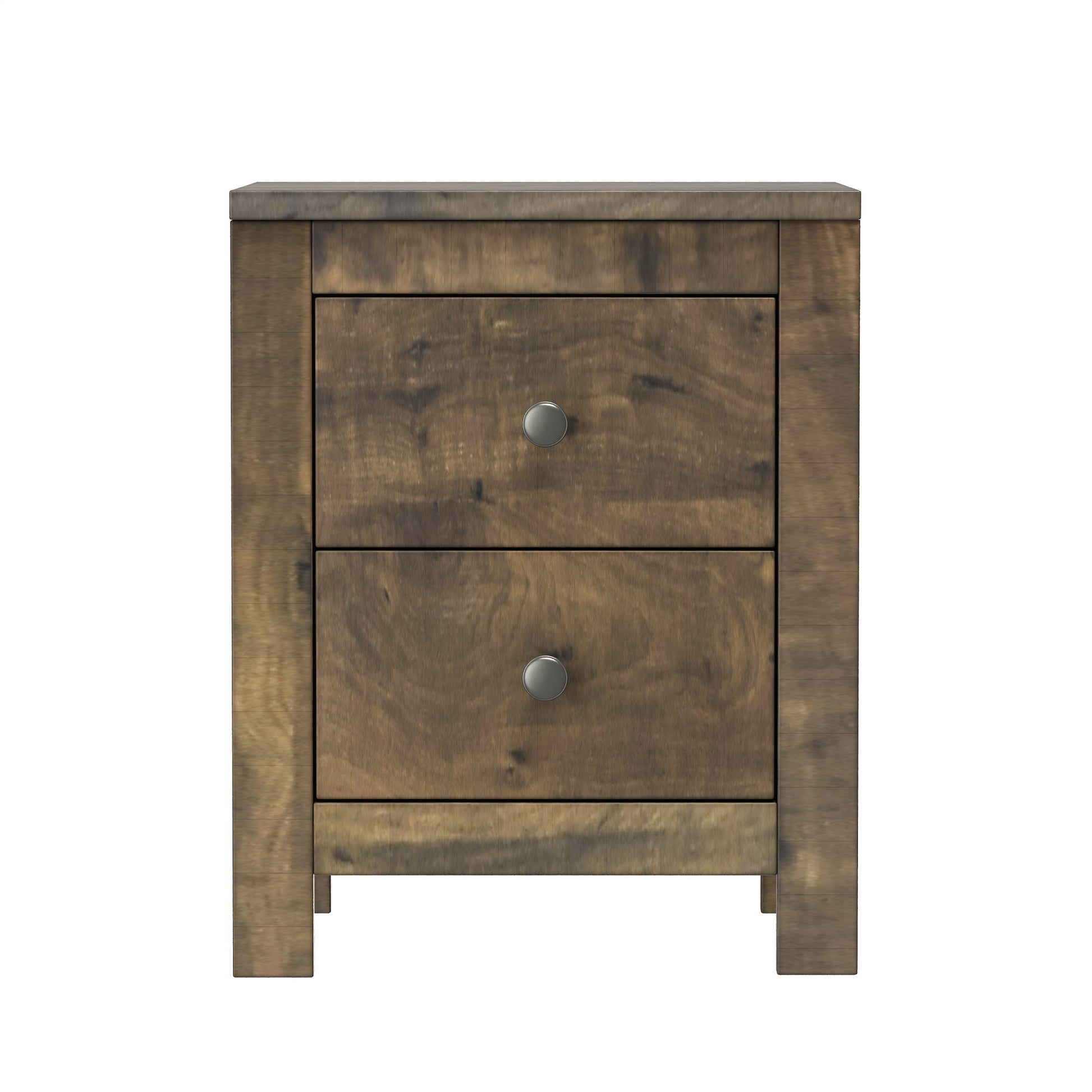 Rustic brown wood nightstand with two drawers and silver knobs