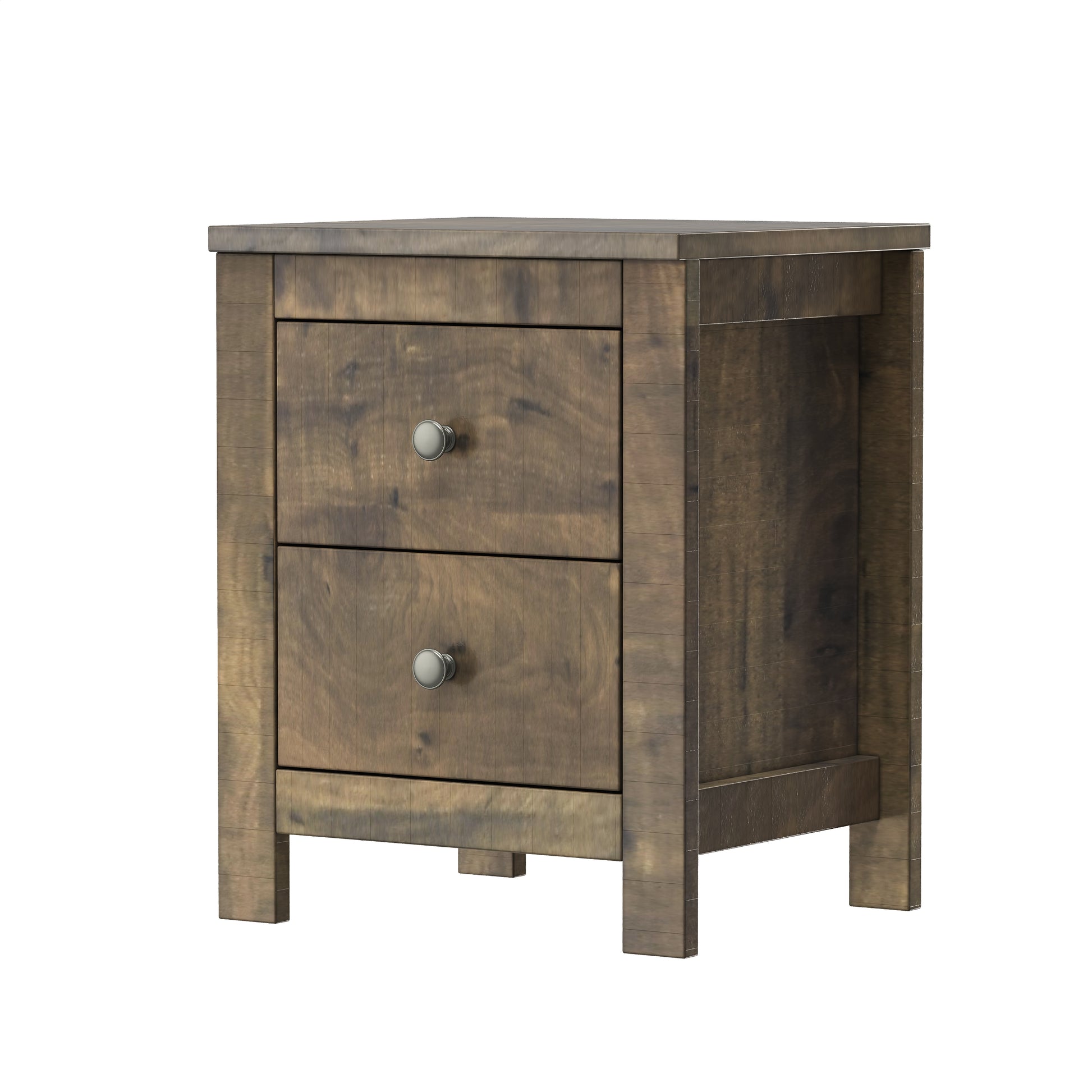 Rustic dark wood nightstand with two drawers and silver knobs