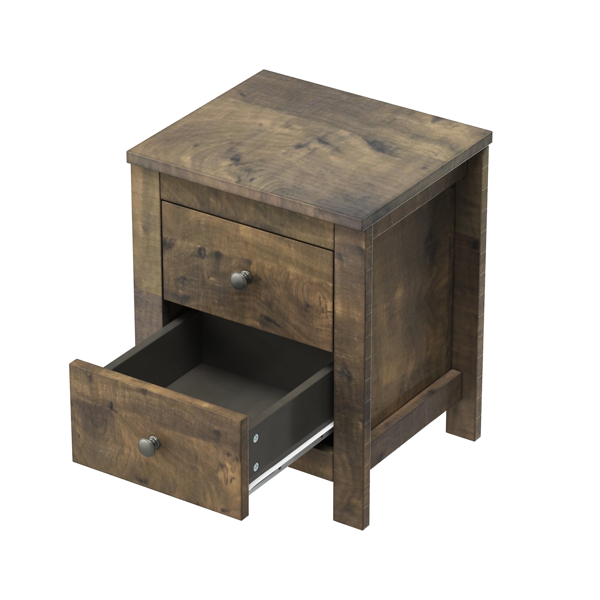 Rustic brown wood nightstand with two drawers one open metal pulls