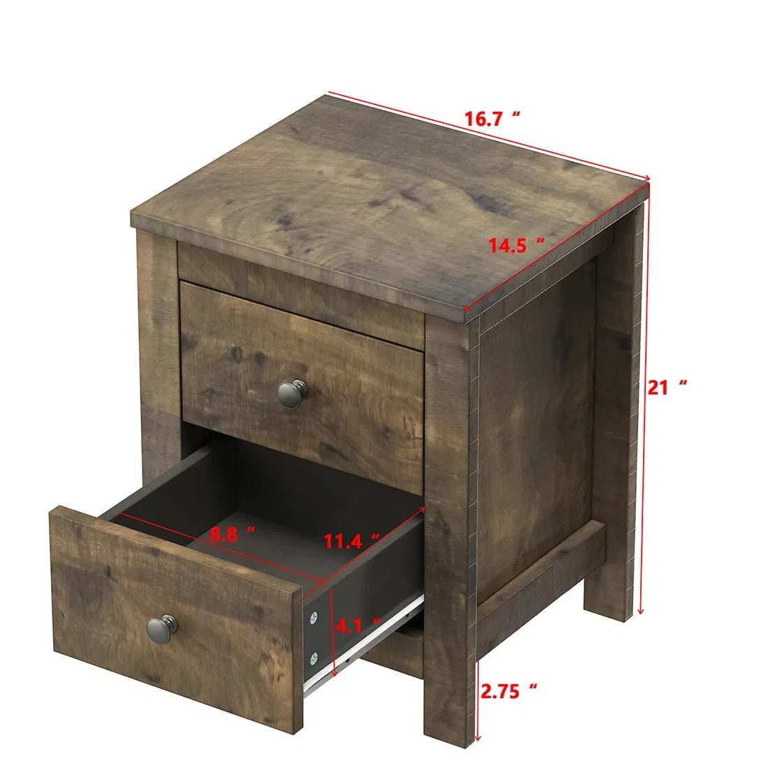 Rustic brown wooden nightstand with two drawers and metal knobs