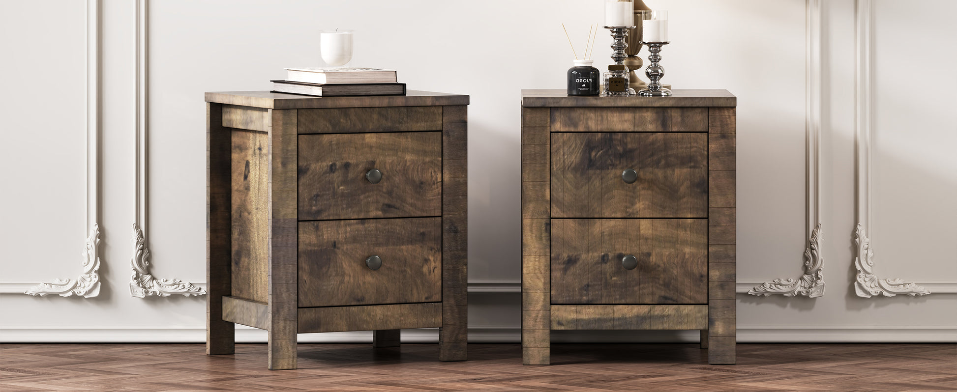Rustic wooden nightstand with two drawers and dark metal pulls