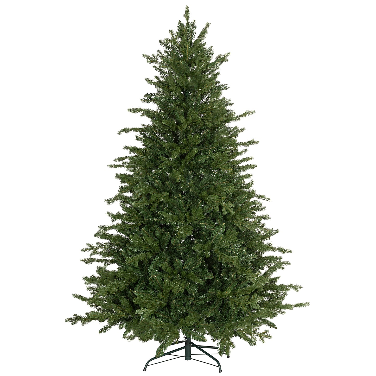 Full green artificial Christmas tree with a metal stand