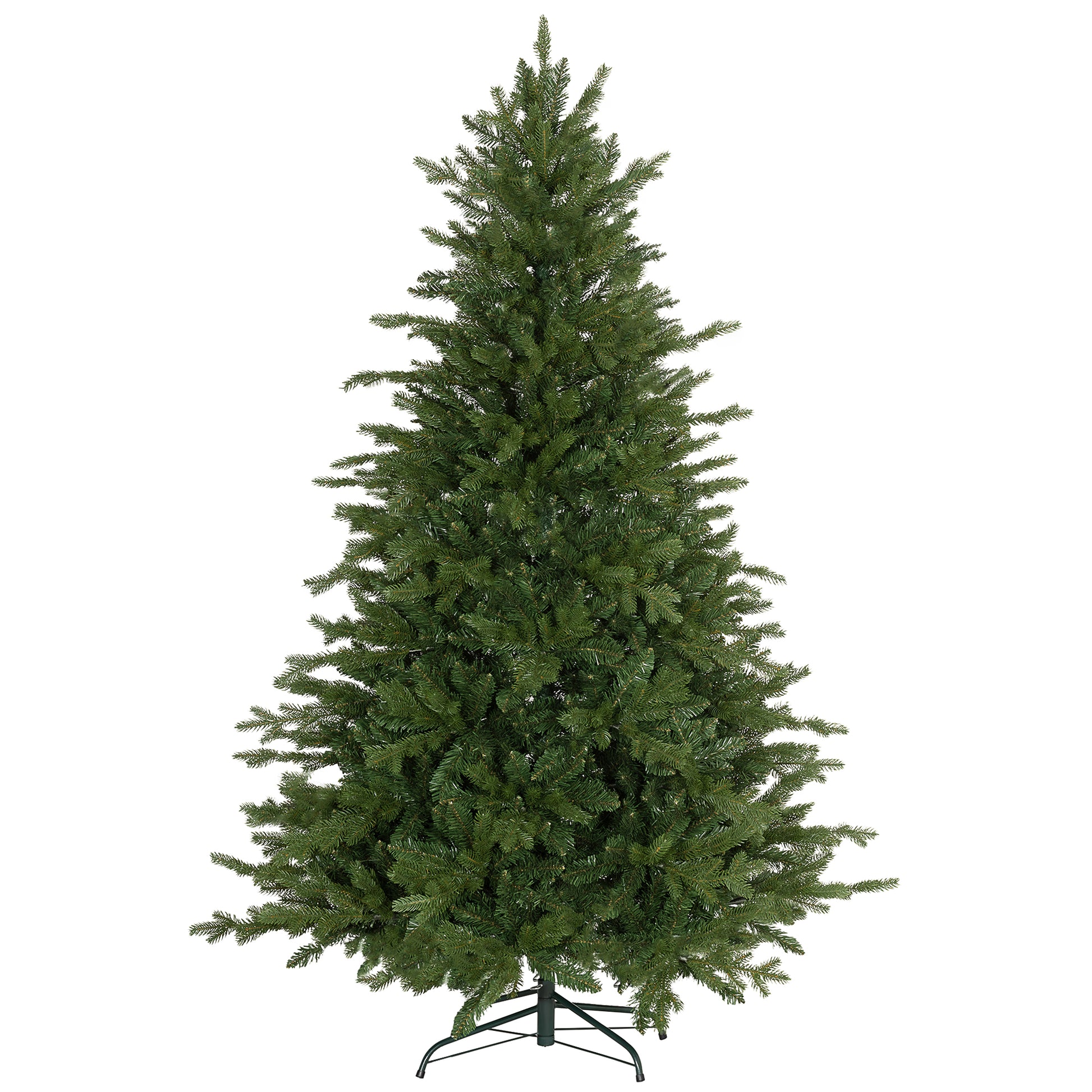 Full green artificial Christmas tree with a metal stand
