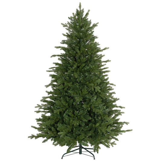 Full green artificial Christmas tree with a metal stand
