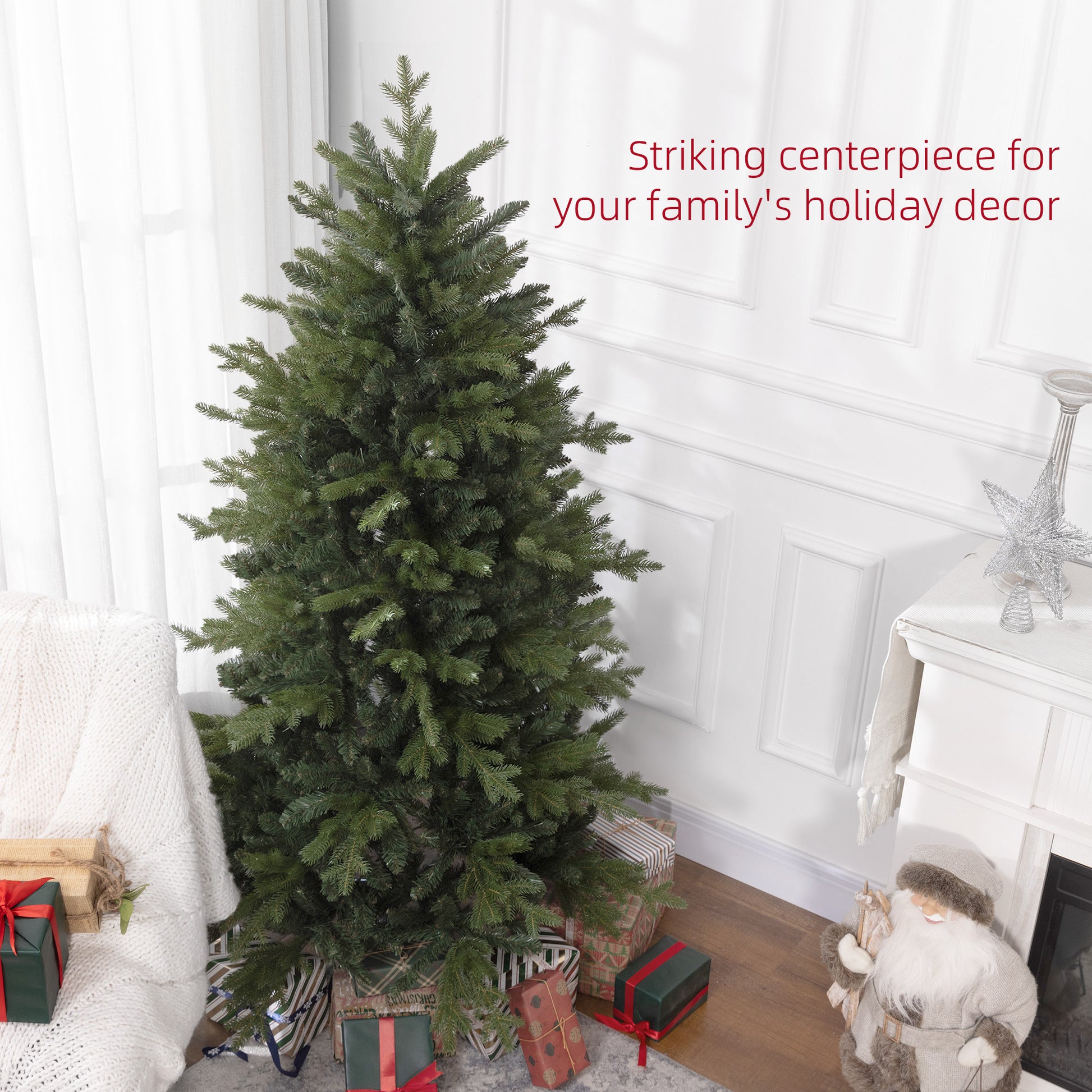Full lush artificial Christmas tree with realistic green needles ready for holiday decor
