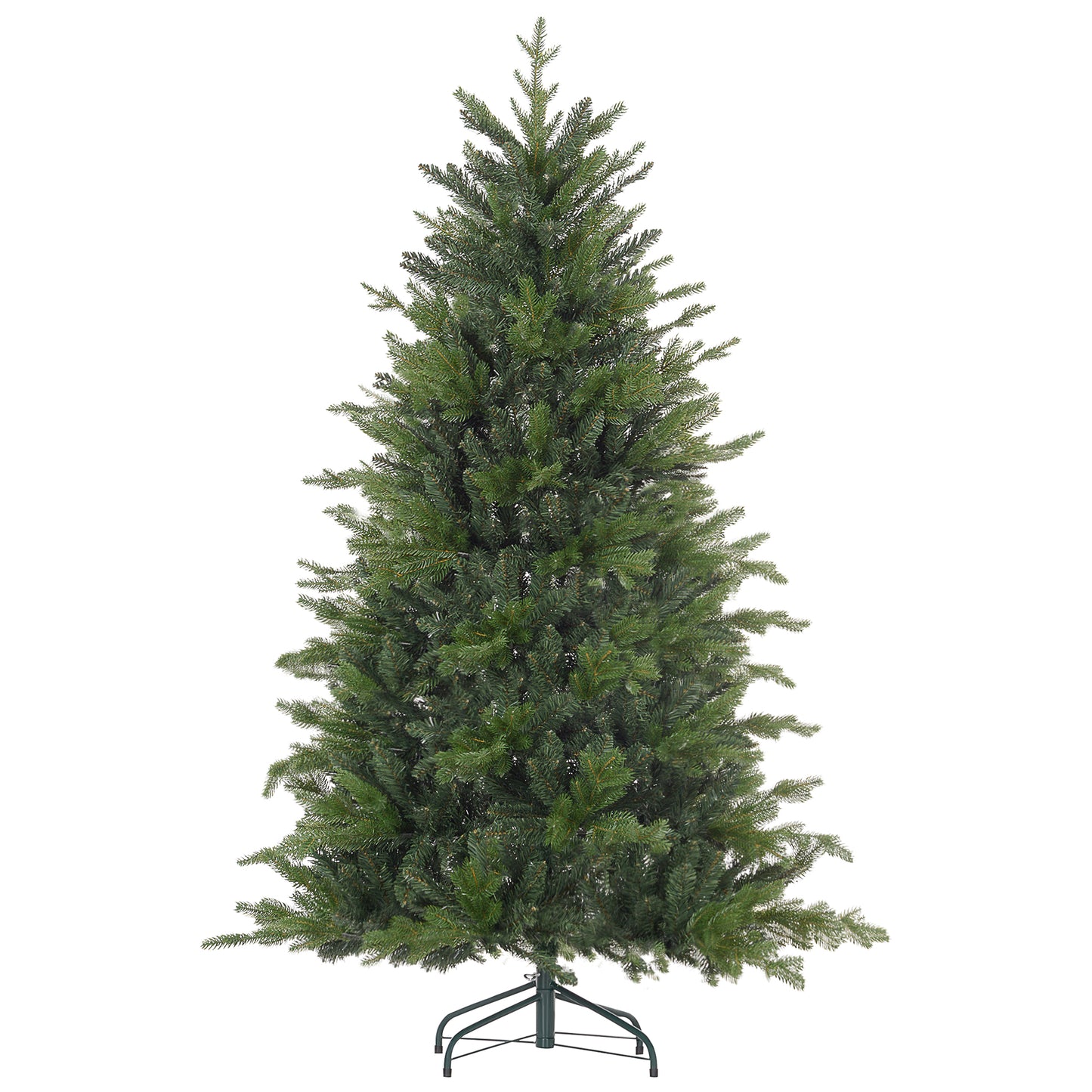 Full green artificial Christmas tree on a metal stand ready for decorating
