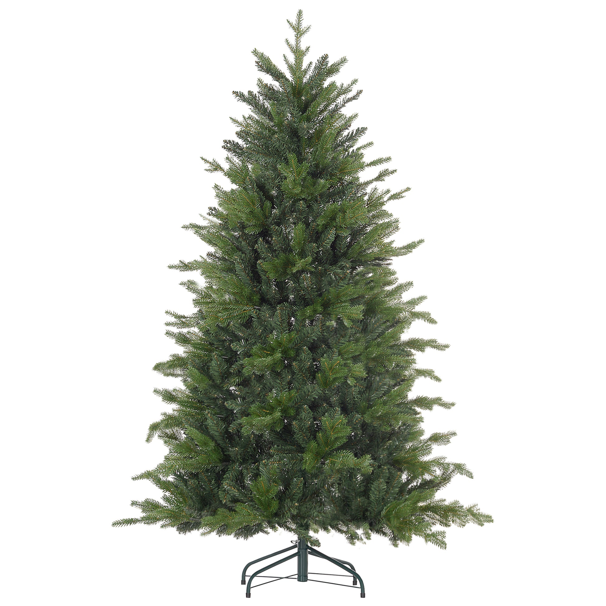 Full green artificial Christmas tree on a metal stand ready for decorating