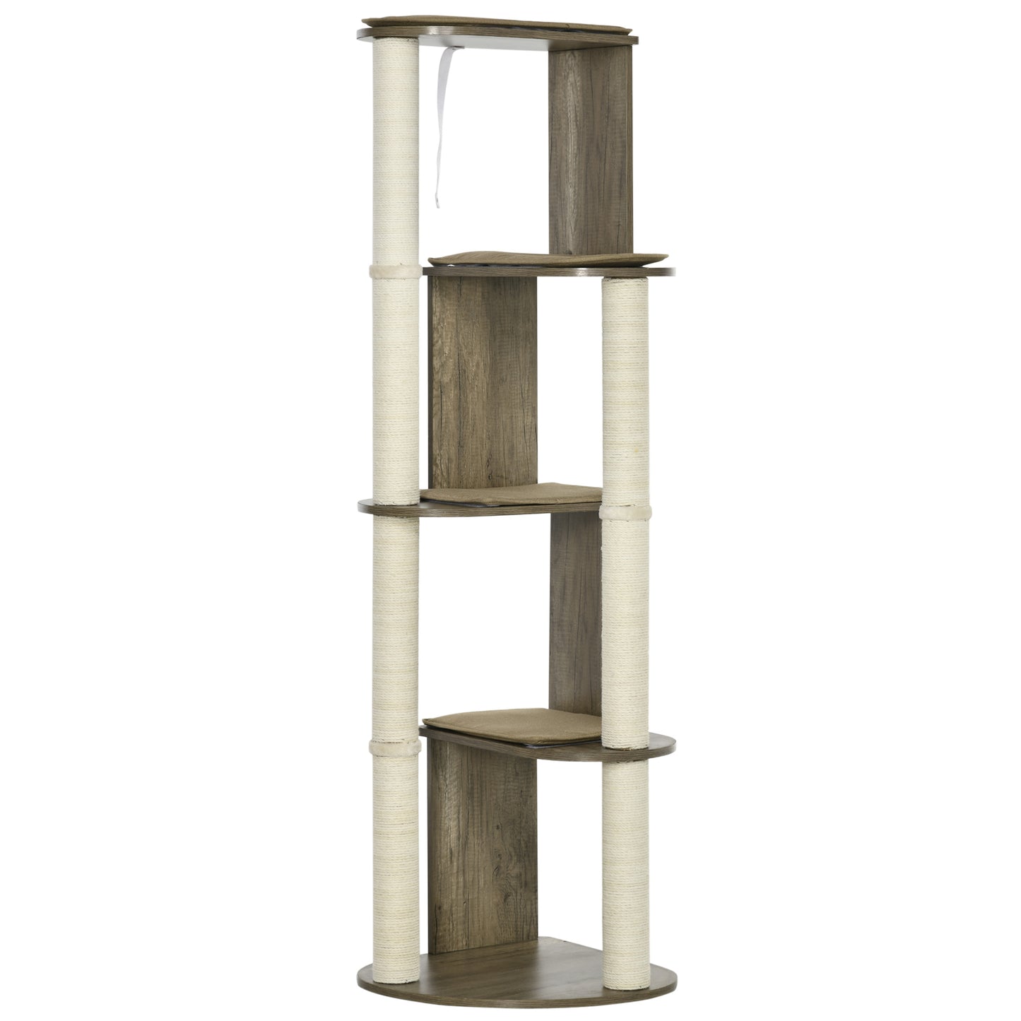 Multilevel wooden cat tree with sisal scratching posts for cats to climb and play