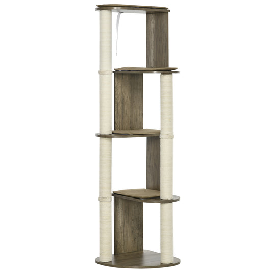 Multilevel wooden cat tree with sisal scratching posts for cats to climb and play