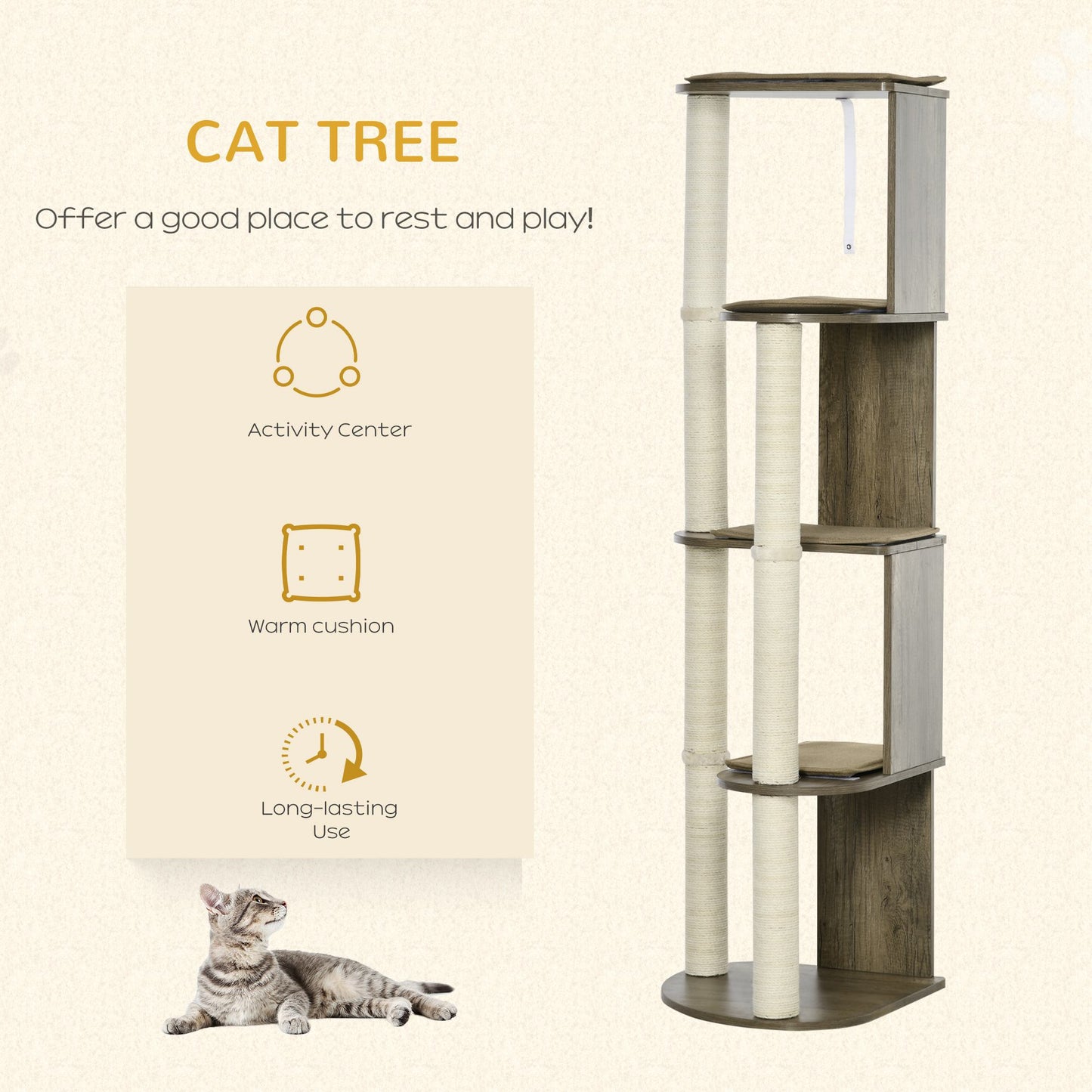 Modern multilevel cat tree with sisal scratching posts and woodgrain platforms