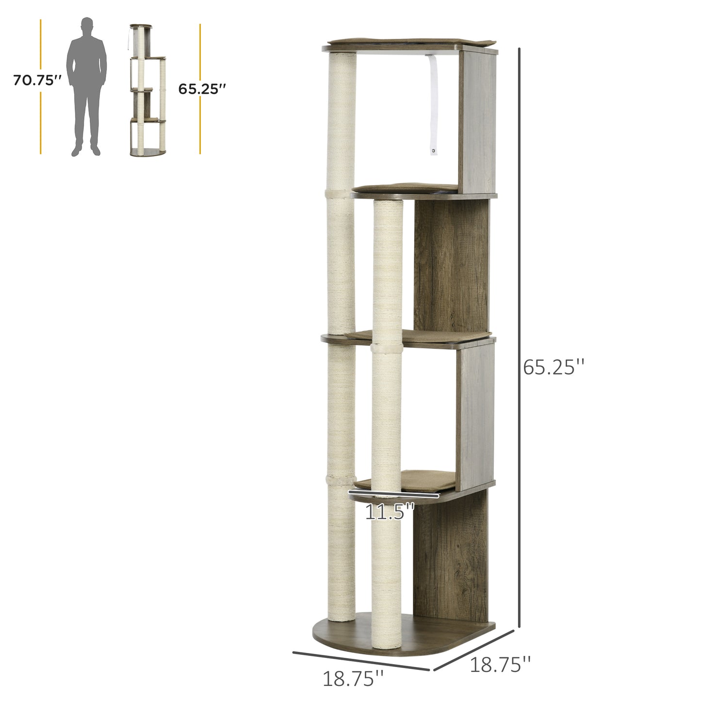 Multilevel cat tree with sisal rope scratching posts and beige platforms
