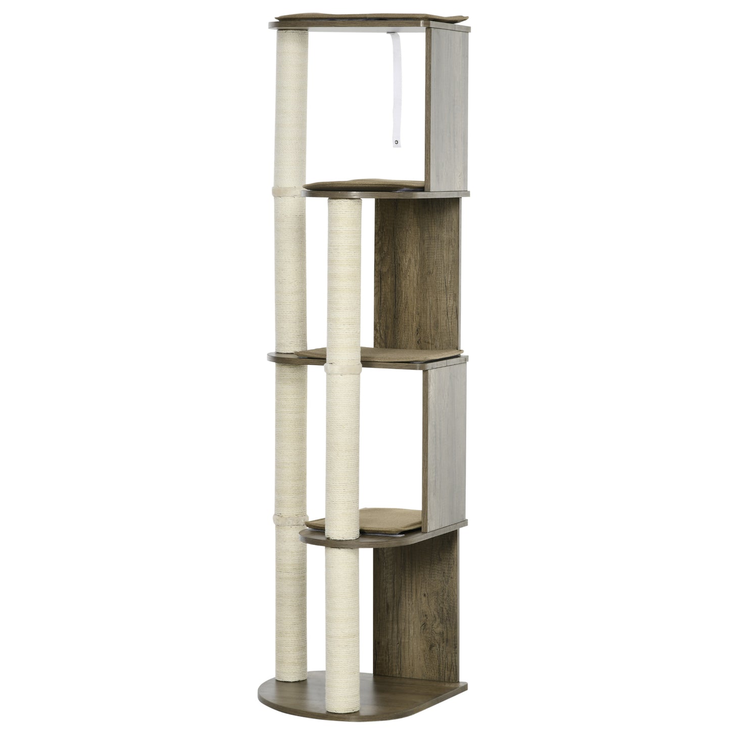 Tall cat tree with sisal scratching posts and plush platforms for feline climbing and play