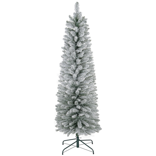 Tall flocked pencil Christmas tree with realistic green branches and a white snowy appearance