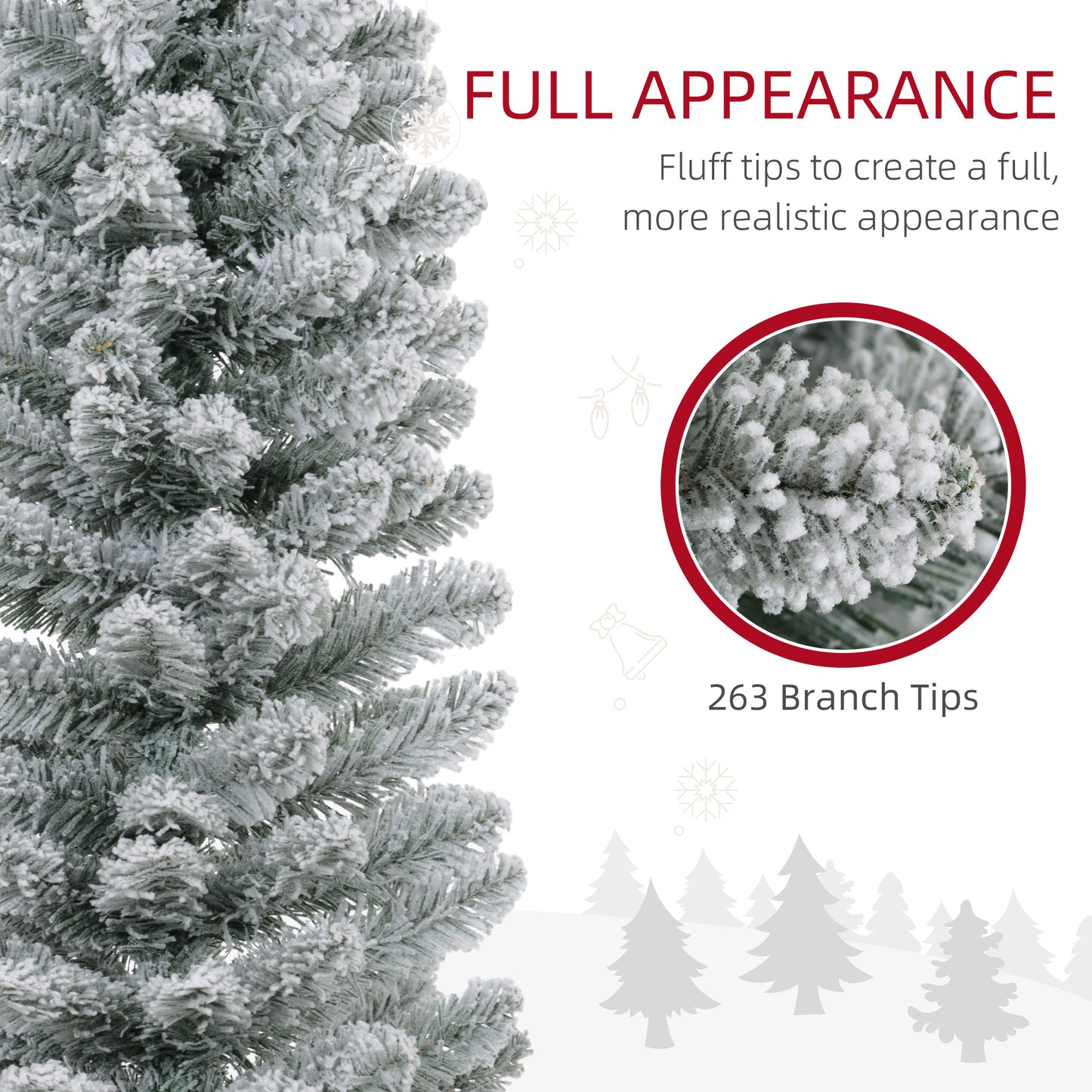 Closeup of a flocked artificial Christmas tree branch with fluffy white tips