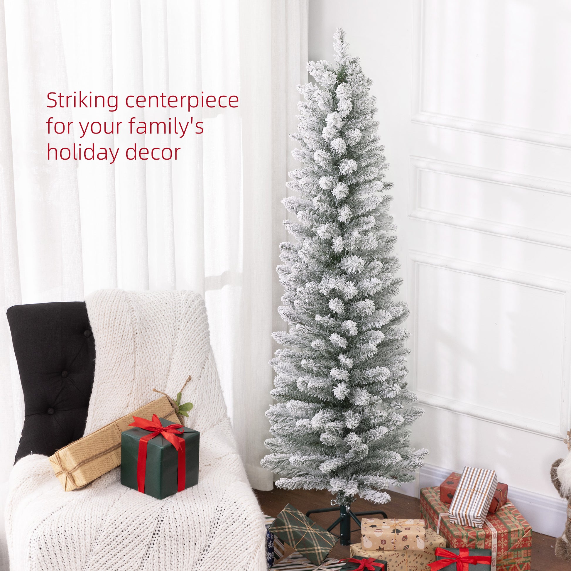Flocked artificial Christmas tree with snowdusted branches perfect for holiday decor
